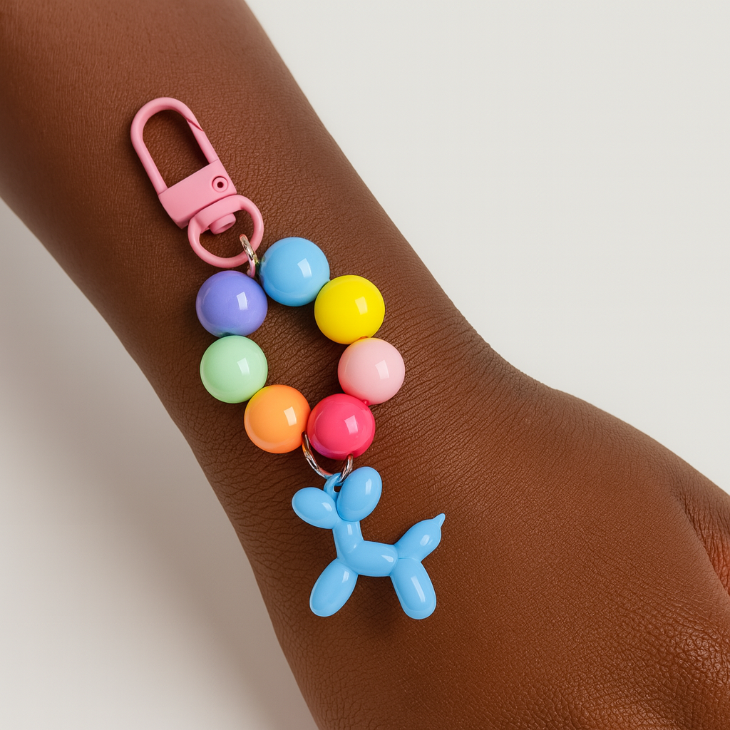Dark Pink Balloon Dog Bead Keychain Bracelet 