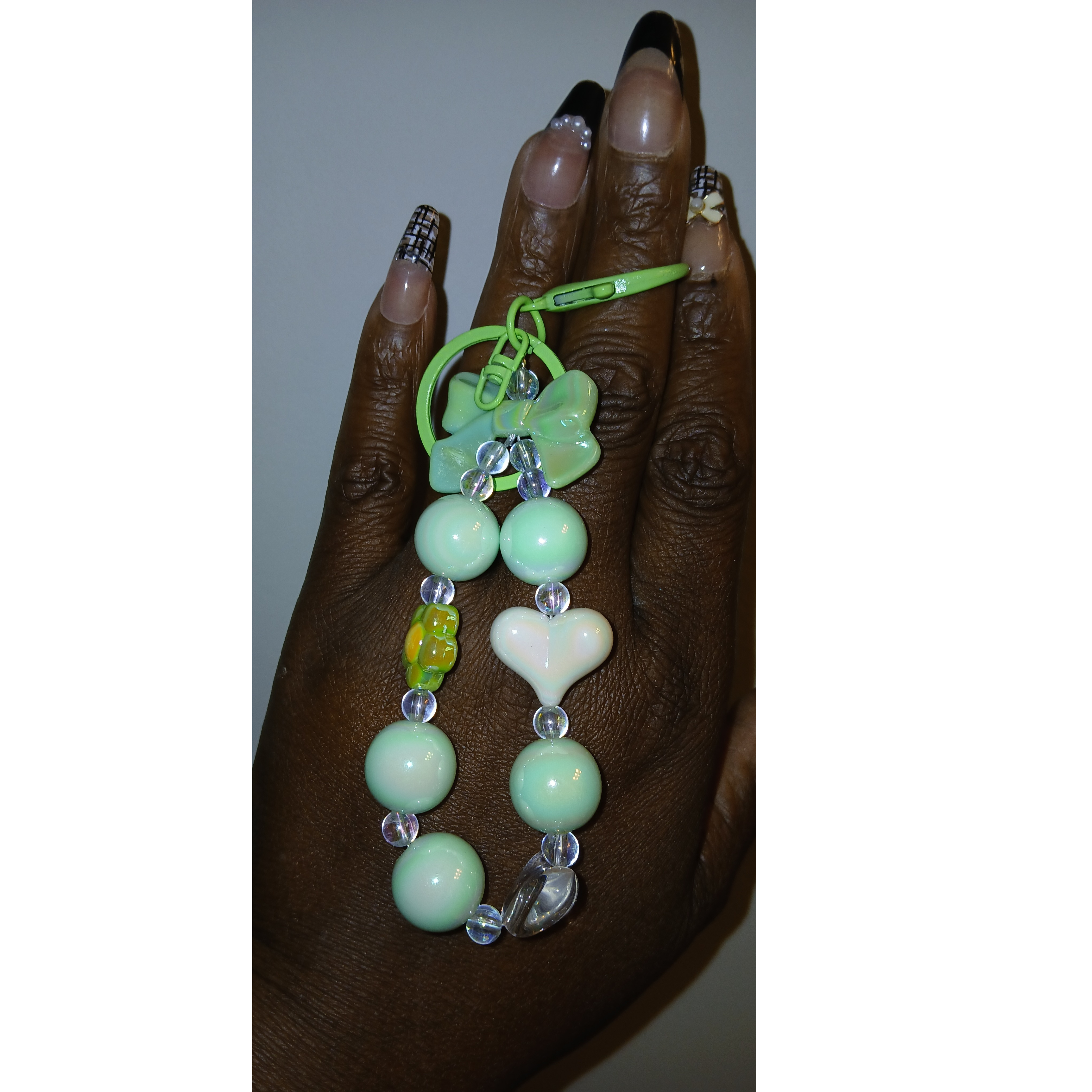 Green Bow & Bead Charm Keychain – Cute Handmade Accessory