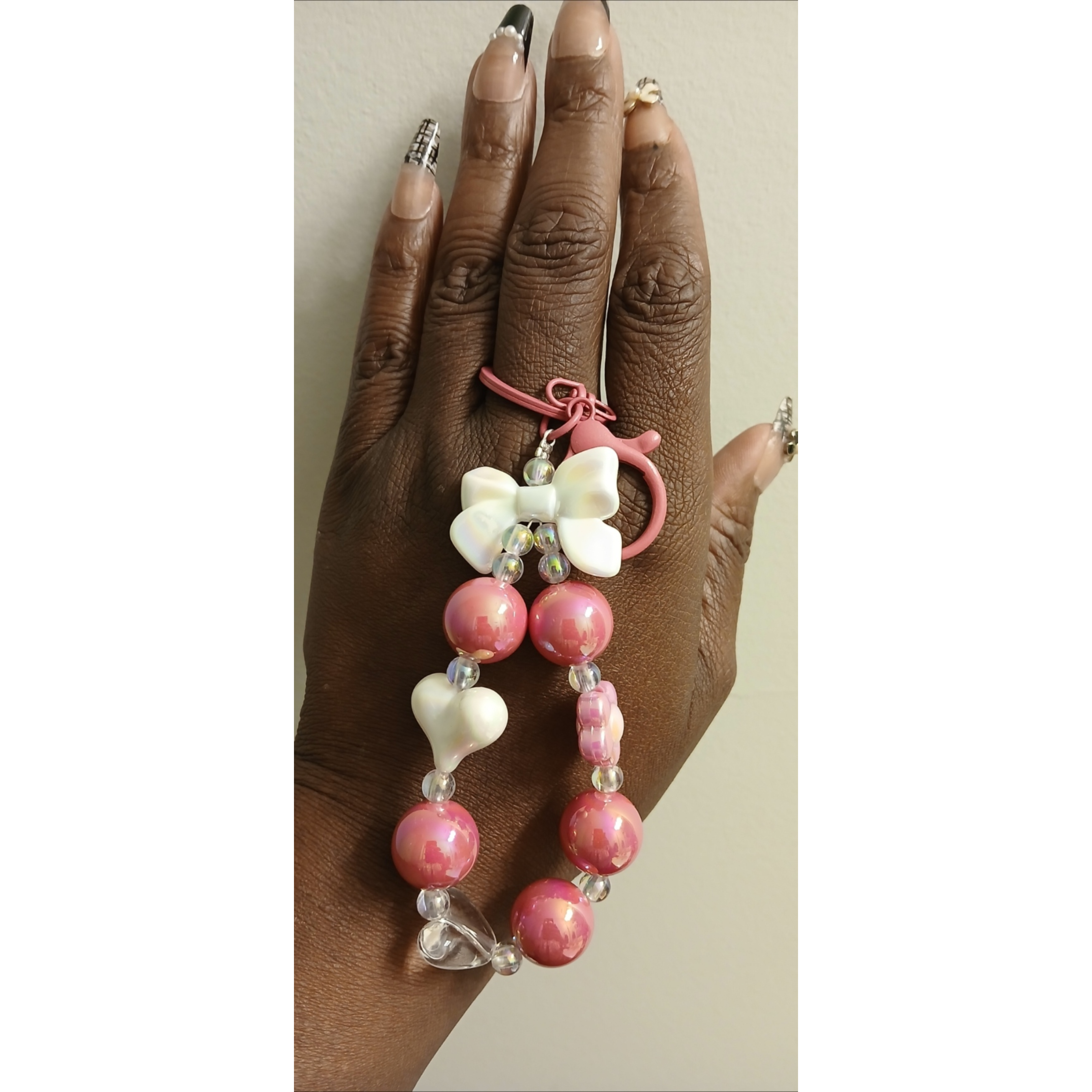 Fuchsia Bow & Bead Charm Keychain – Cute Handmade Accessory