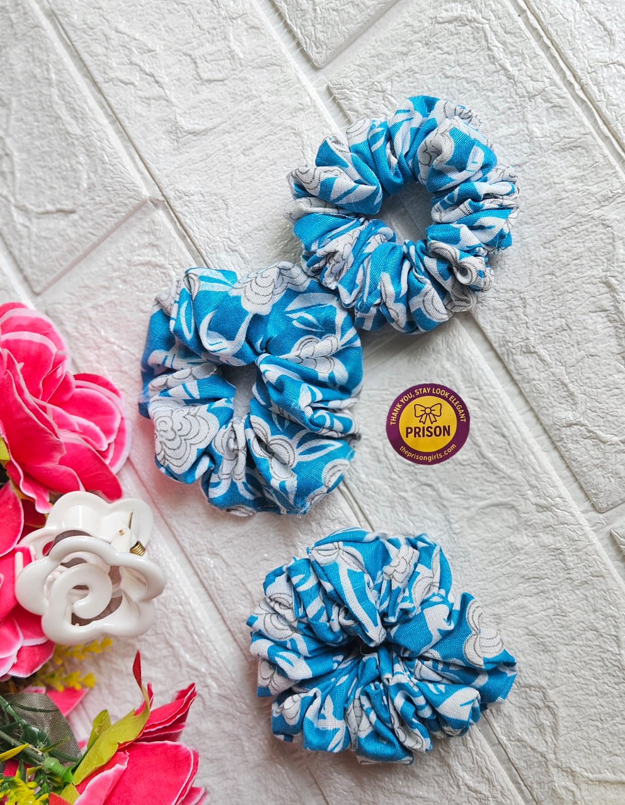 Blue Floral Scrunchies