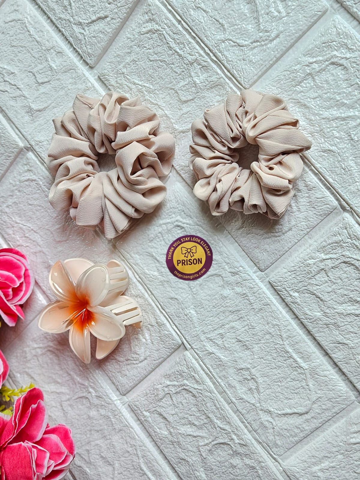 Elegant hair scrunchies and floral clip