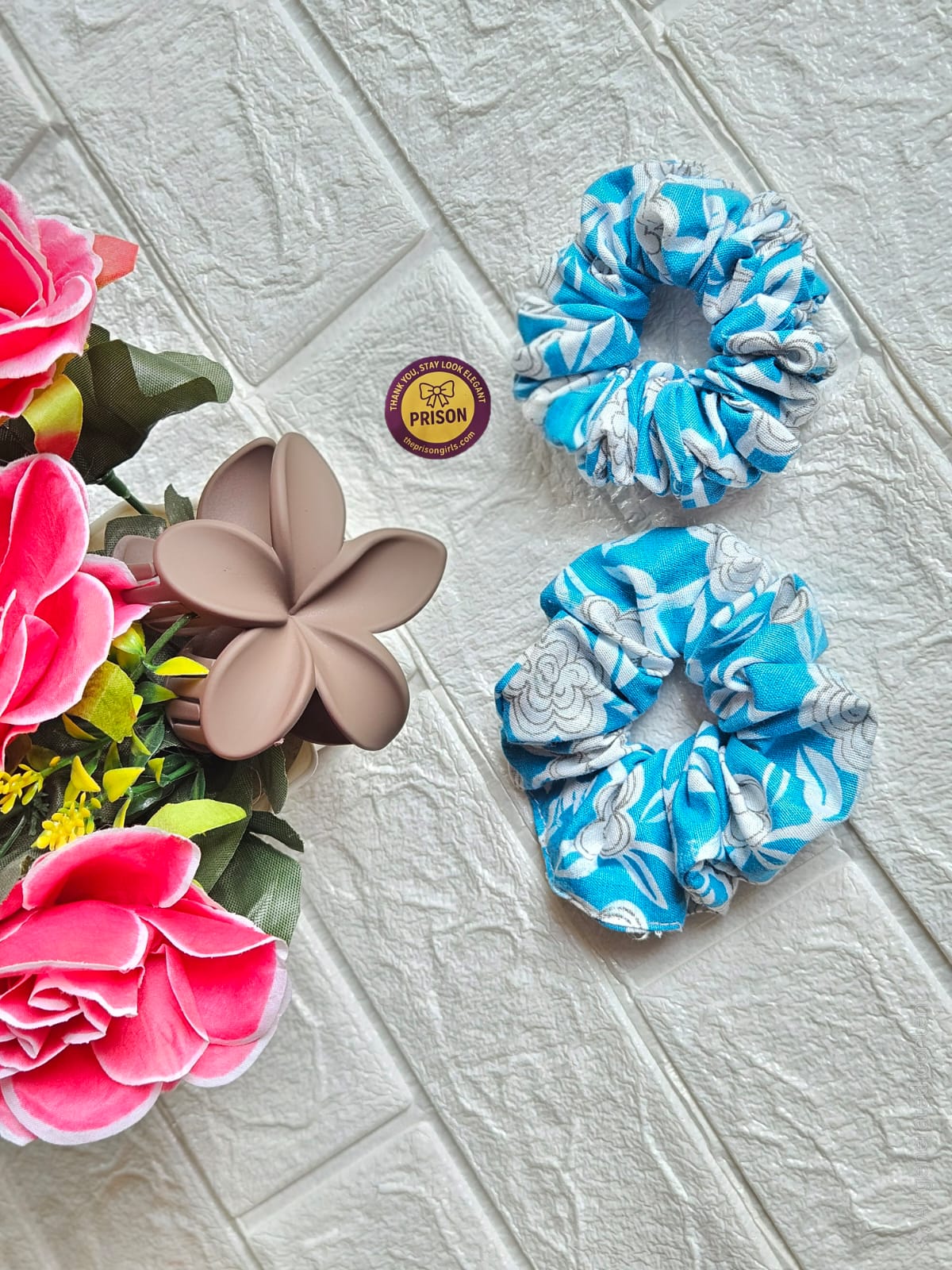 Blue Floral Hair Scrunchies with flower clip