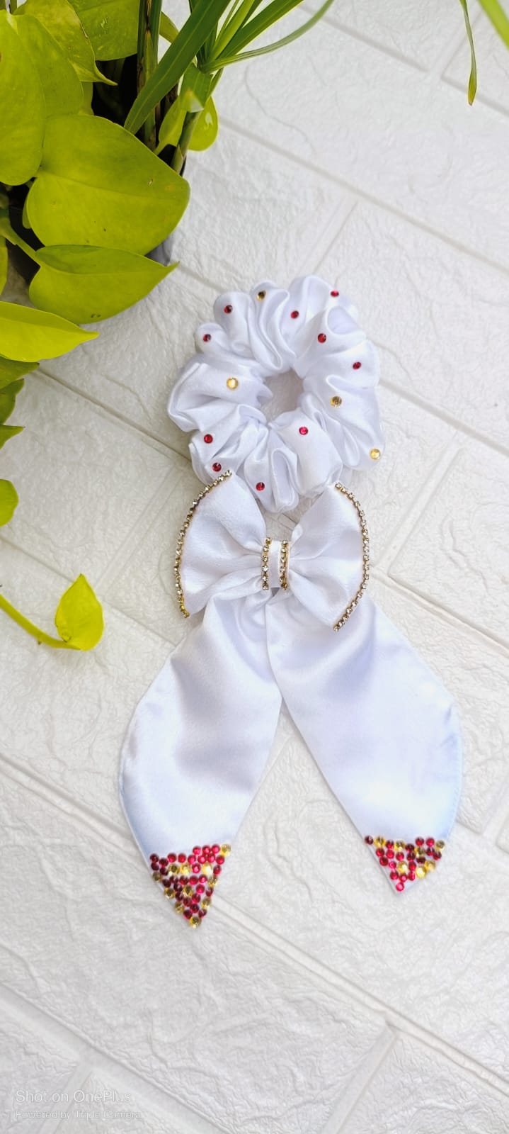 Elegant White Satin Hair Scrunchie & bow