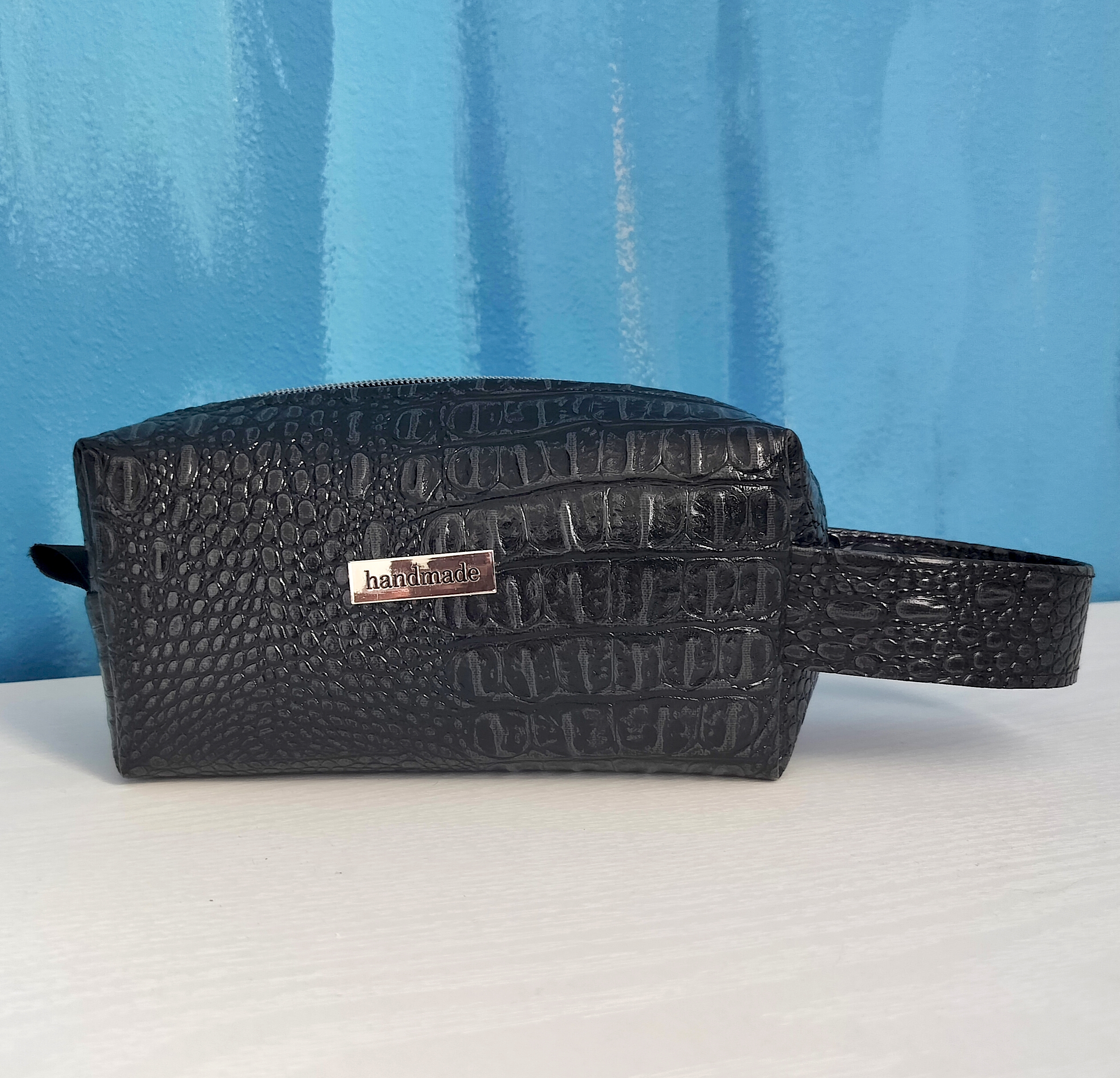 Glossy Black Leather Toiletry Bag
