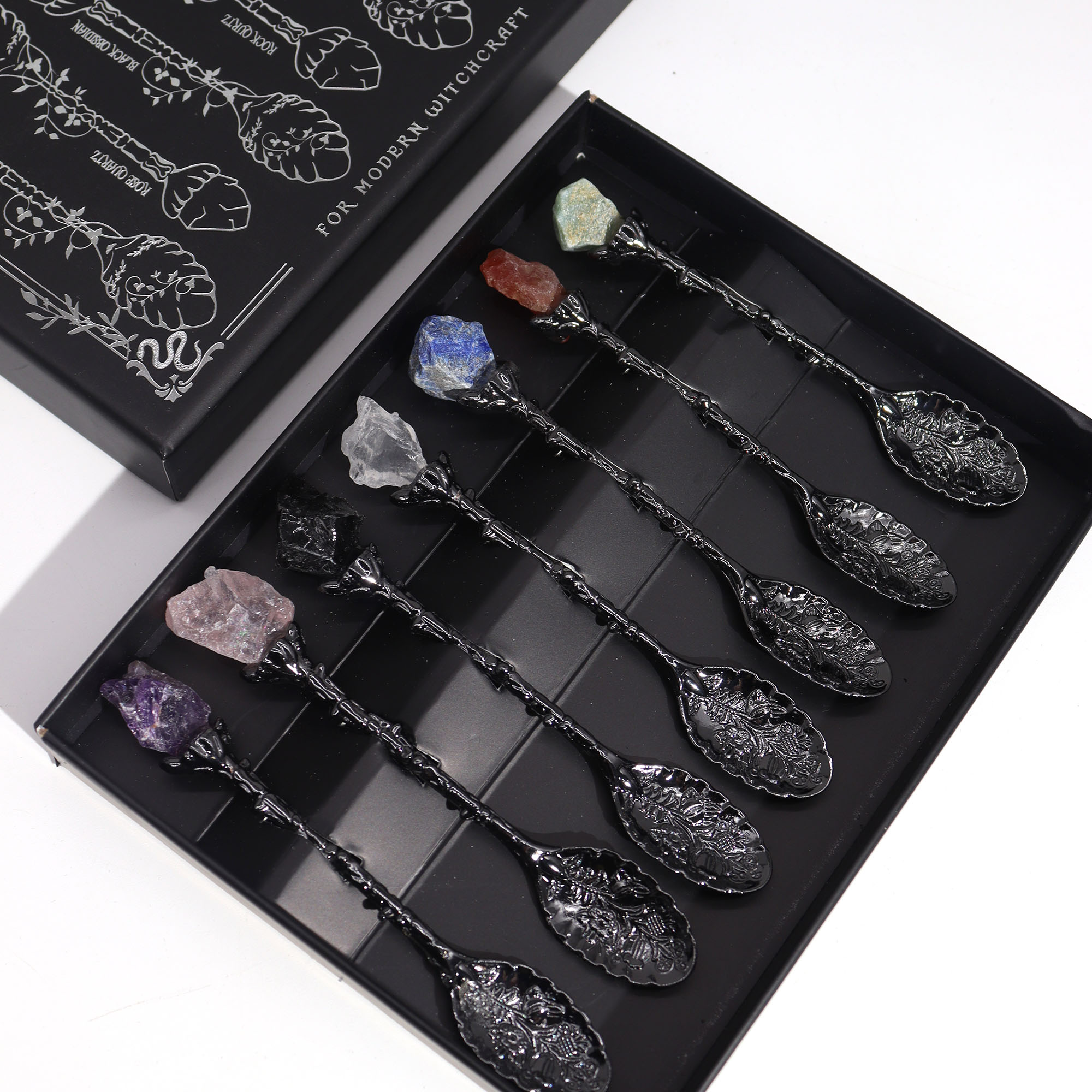 Dark Silver Gemstone Crystal Witch Spoons Set of 7