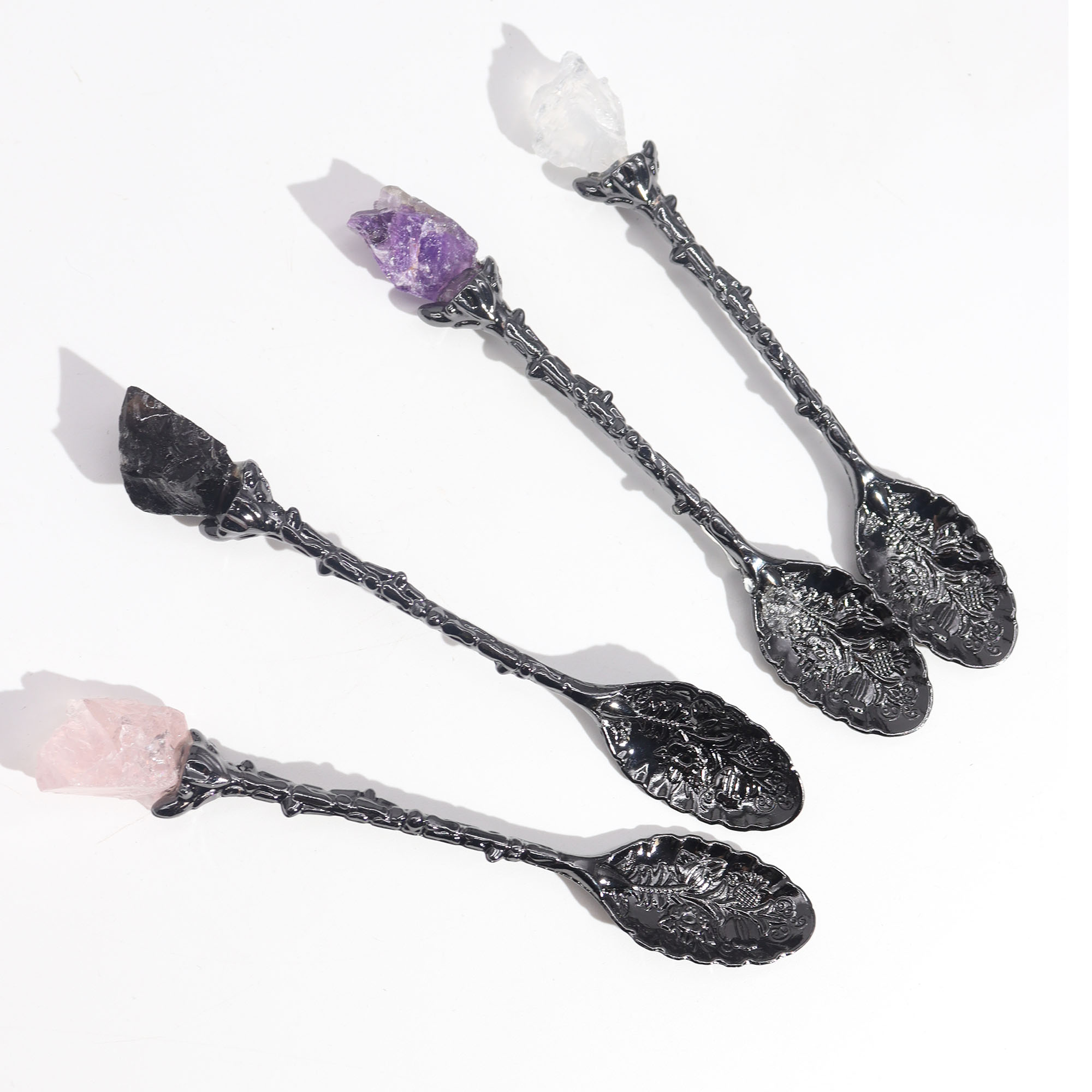 Dark Silver Gemstone Crystal Witch Spoons Set of 7