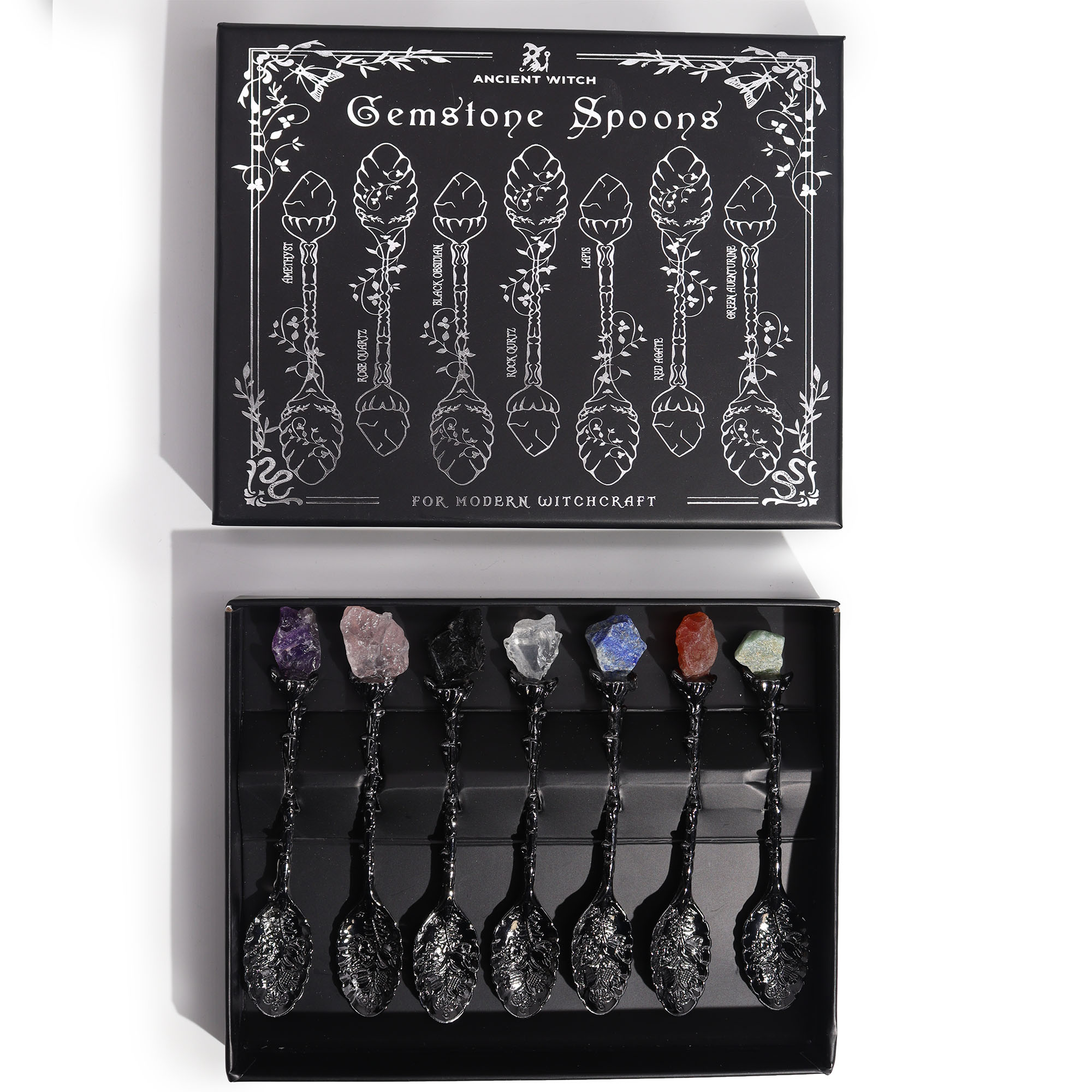 Dark Silver Gemstone Crystal Witch Spoons Set of 7
