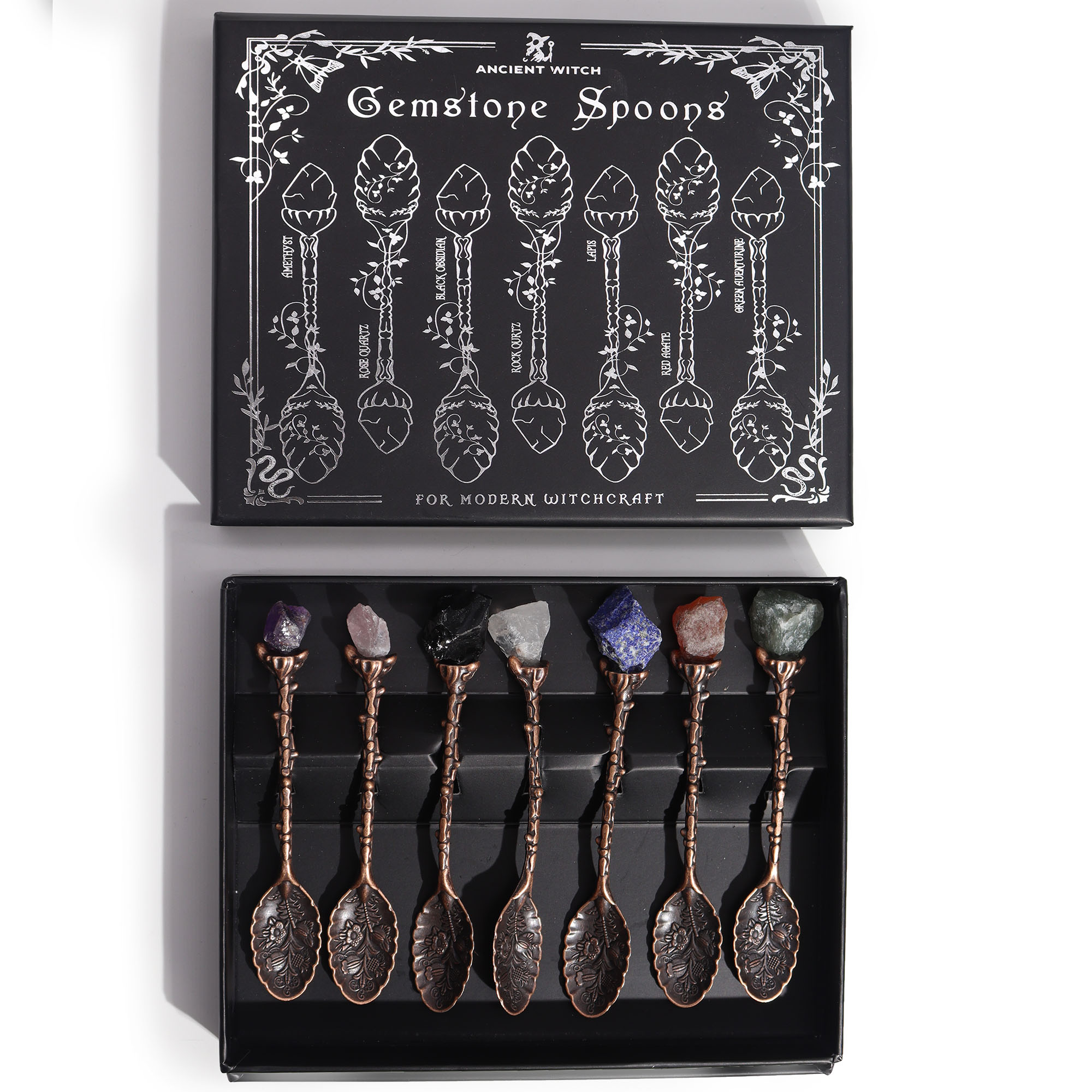Bronze Gemstone Crystal Witch Spoons Set of 7