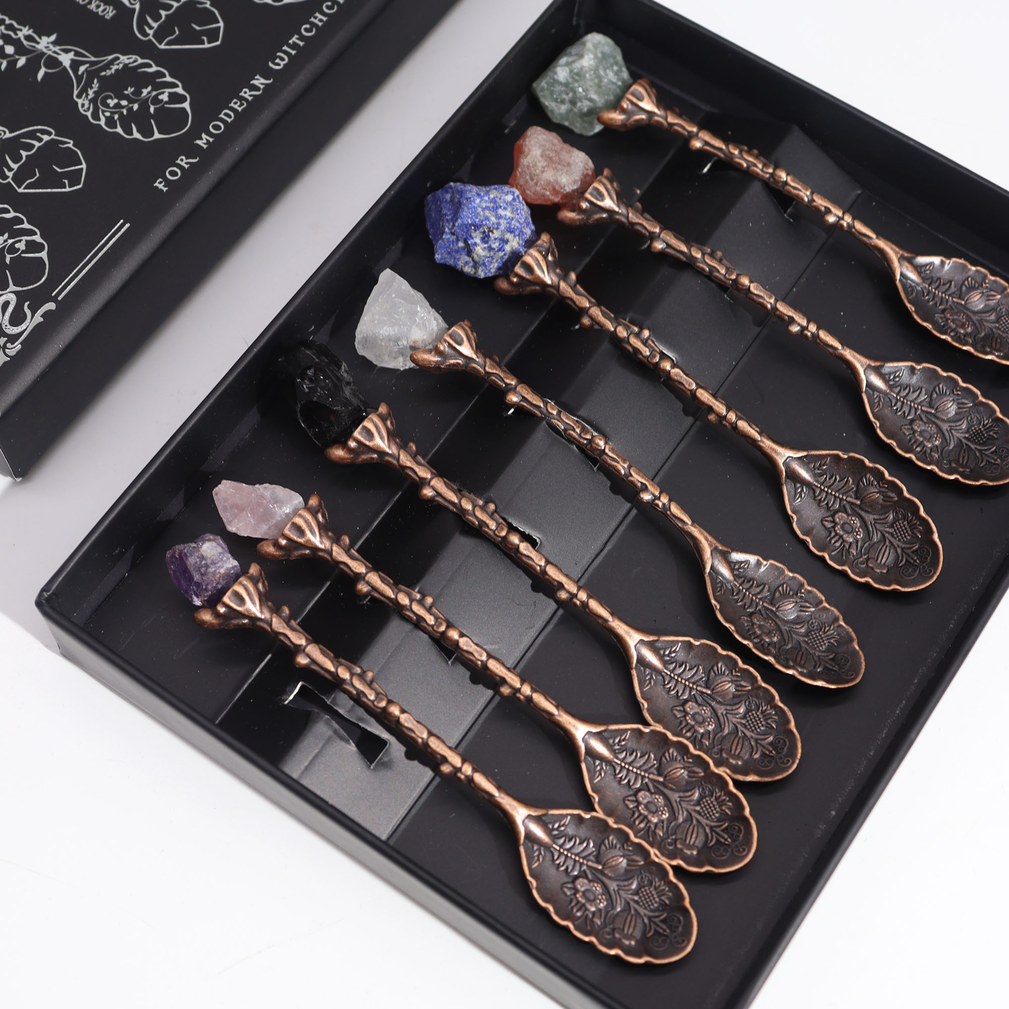 Bronze Gemstone Crystal Witch Spoons Set of 7