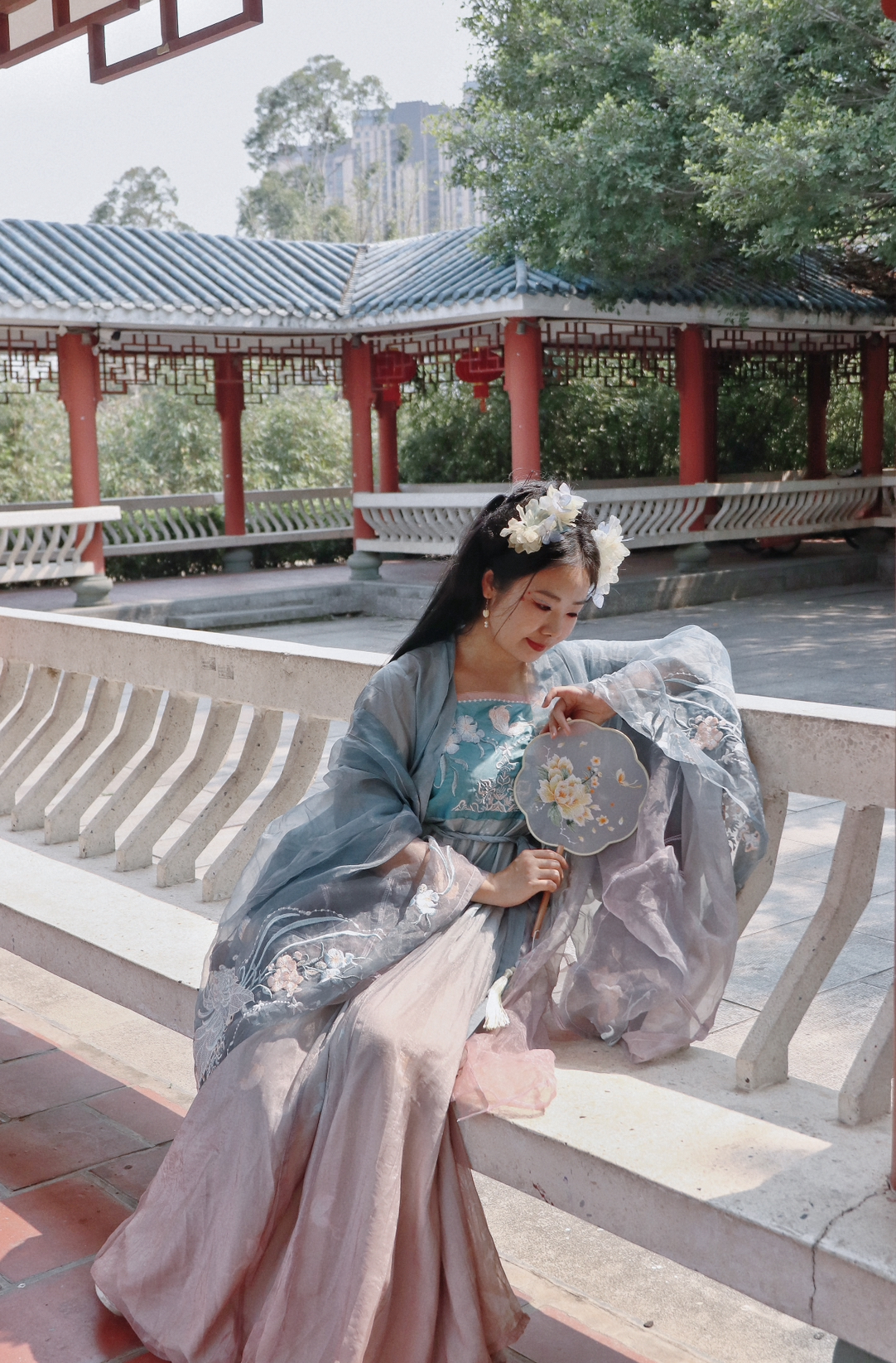 Tang-style Hezi Dress with Heavy Workmanship and Light Blue Full Embroidery