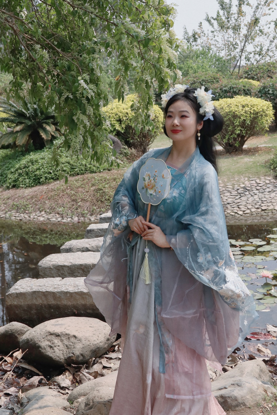 Tang-style Hezi Dress with Heavy Workmanship and Light Blue Full Embroidery