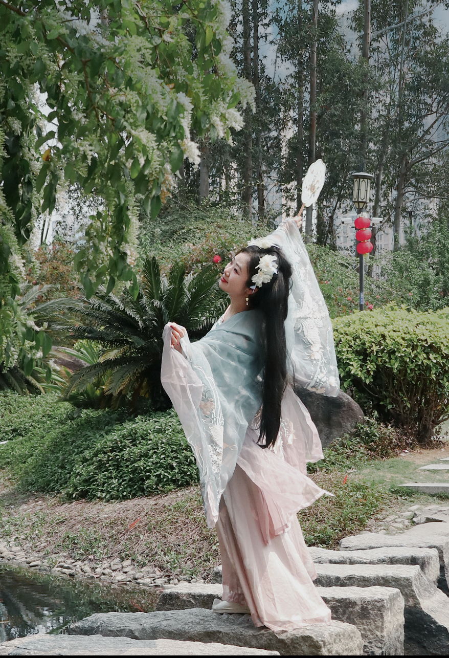 Tang-style Hezi Dress with Heavy Workmanship and Light Blue Full Embroidery