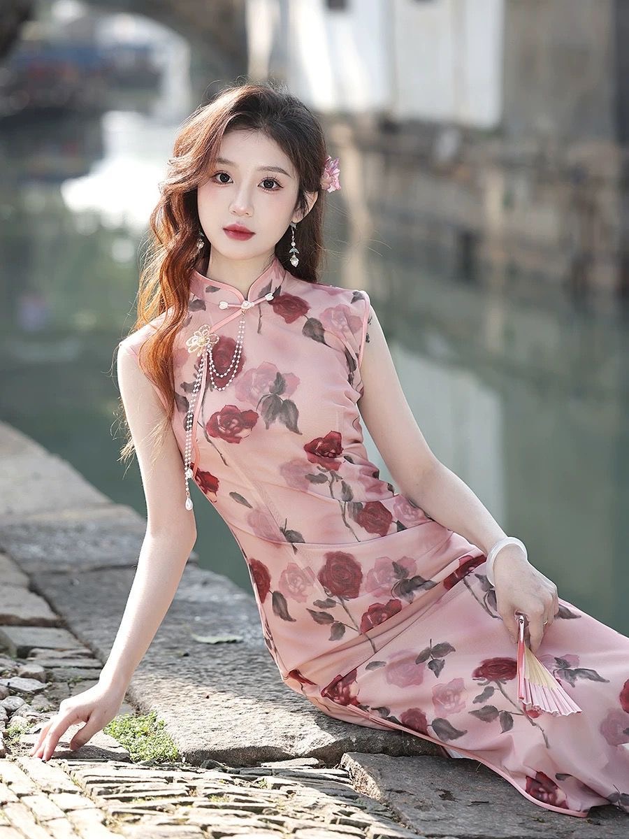 Pink Floral Cheongsam Dress