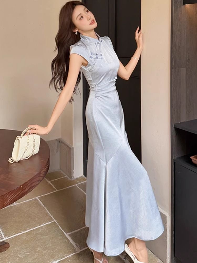 Elegant Blue Cheongsam Dress