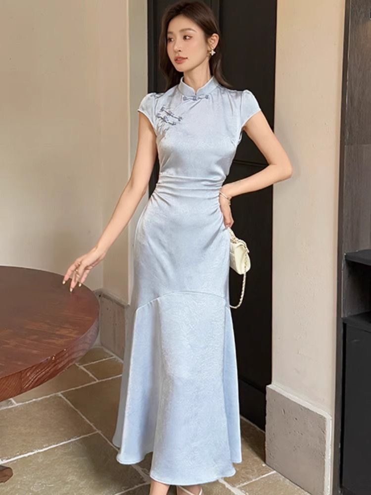 Elegant Blue Cheongsam Dress