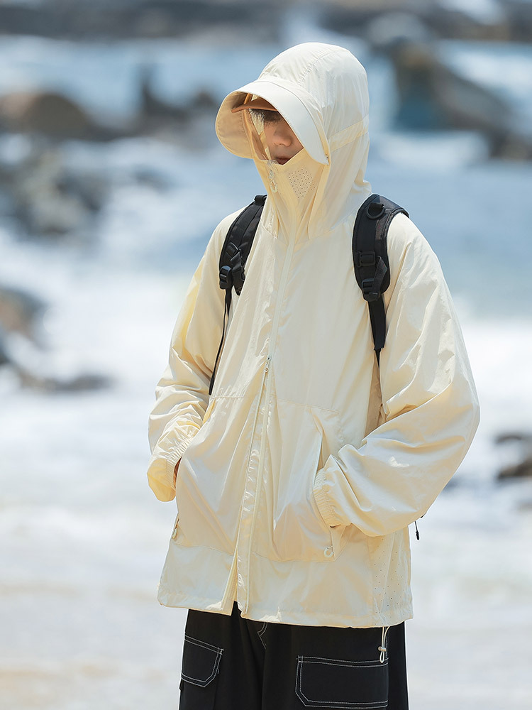 Men/ women sun shirt Beige Hooded Windbreaker