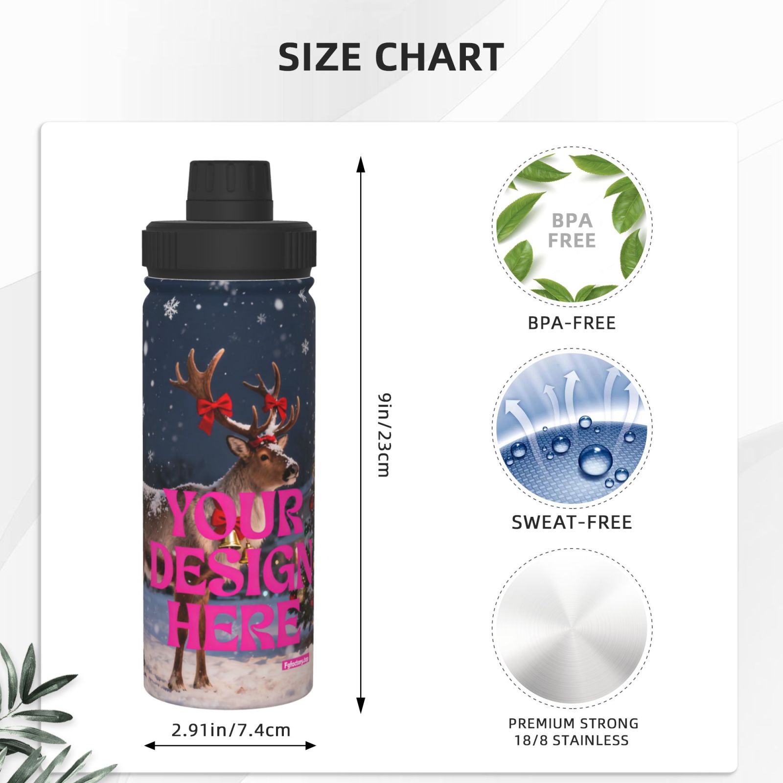 Customizable Reindeer Christmas Water Bottle