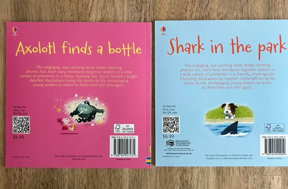2 Phonics Readers by Usborne ~ Axoloti finds a bottle & Shark in the park ~ NEW!