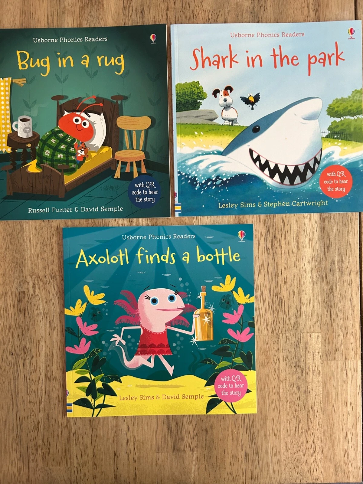 3 Brand New Phonics Books by Usborne Books ~ Bug in Rug , Shark in Park, Axoloti
