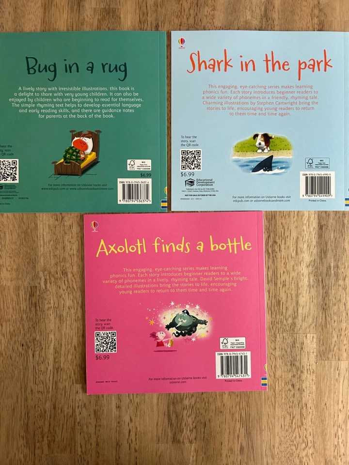 3 Brand New Phonics Books by Usborne Books ~ Bug in Rug , Shark in Park, Axoloti