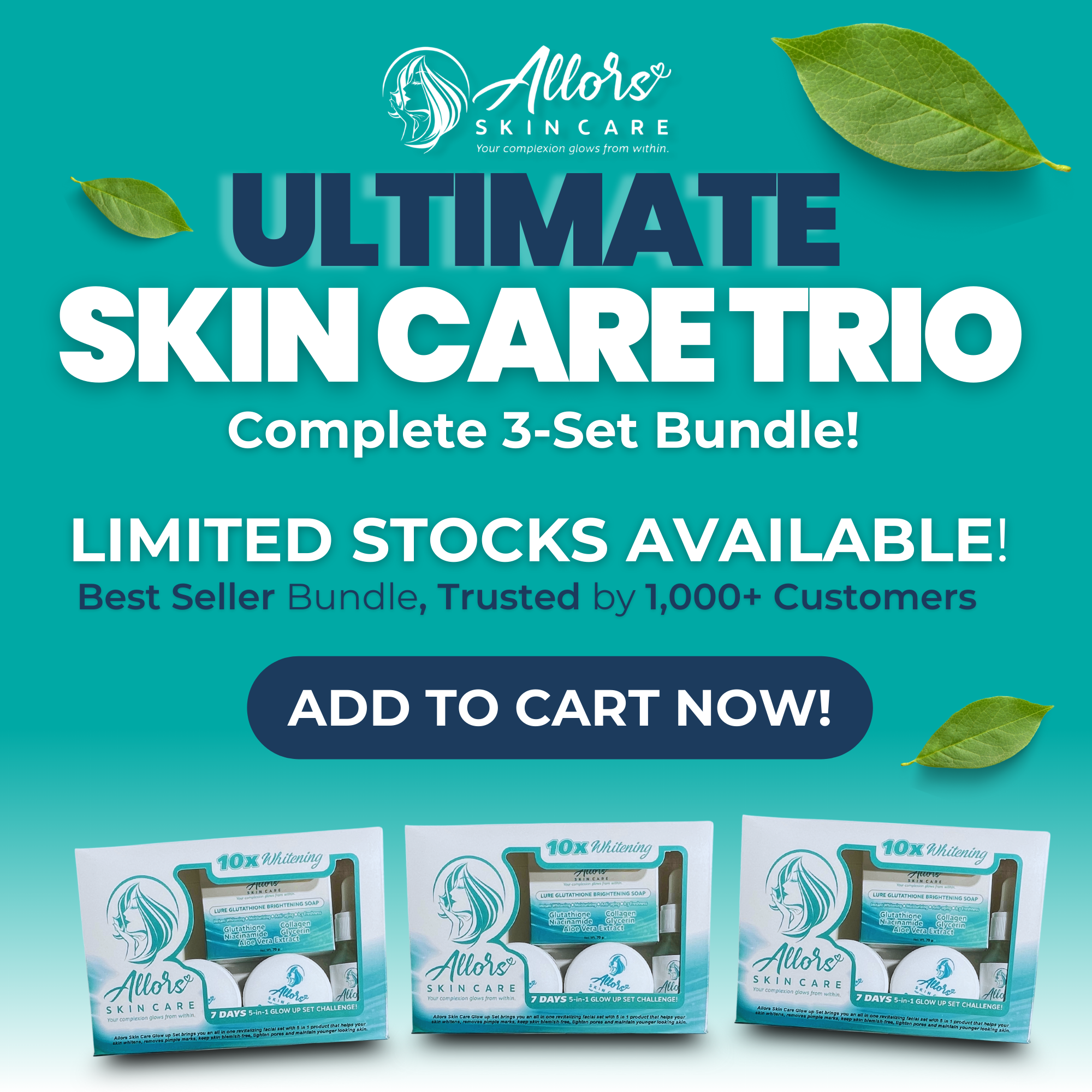 Allors Ultimate Skin Care Trio – 3 Complete Sets of Whitening Soap, Toner, Serum, Night Cream, and SPF 50 Sunscreen