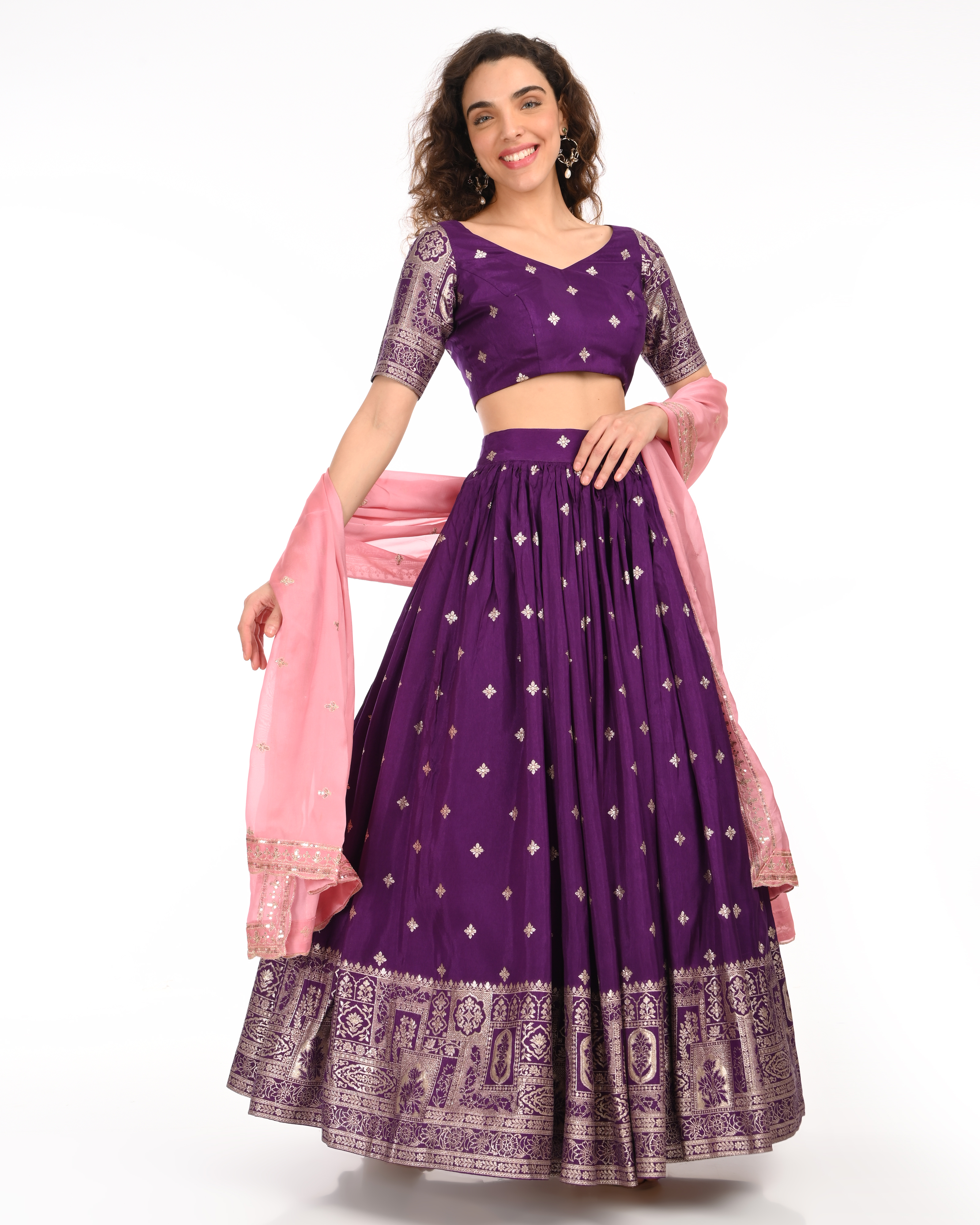 Purple Banarasi Brocade Lehenga Blouse Set with Embroidered Dupatta