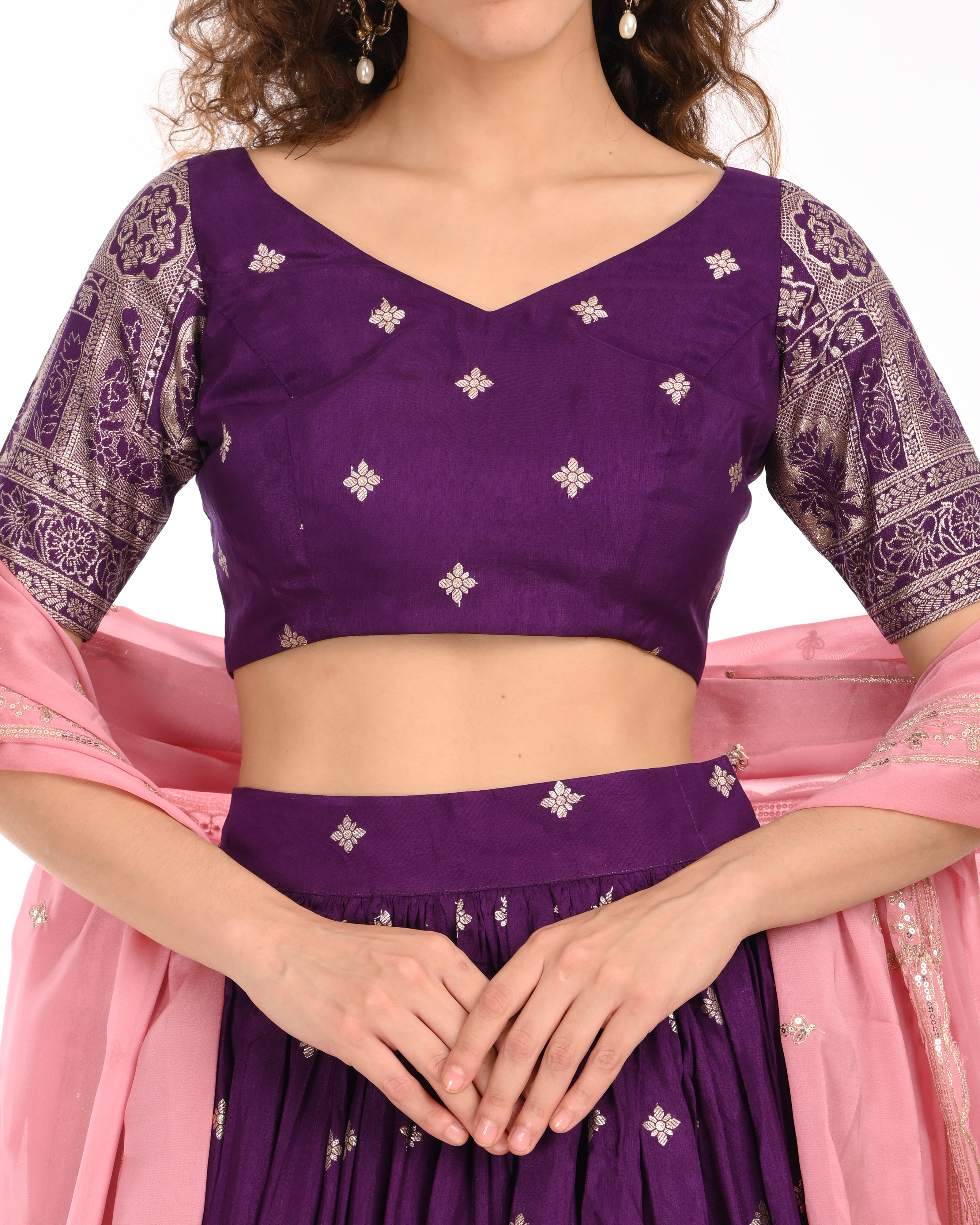 Purple Banarasi Brocade Lehenga Blouse Set with Embroidered Dupatta