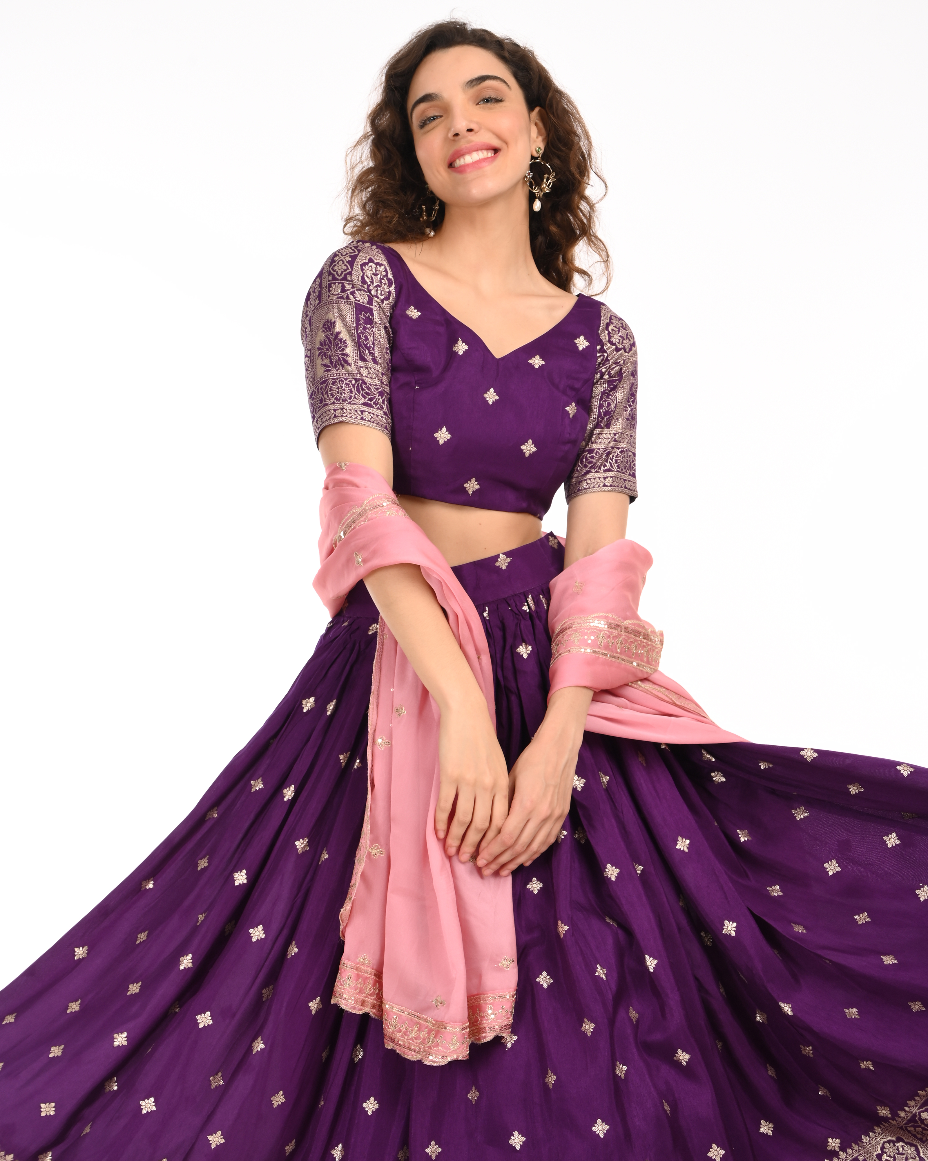 Purple Banarasi Brocade Lehenga Blouse Set with Embroidered Dupatta
