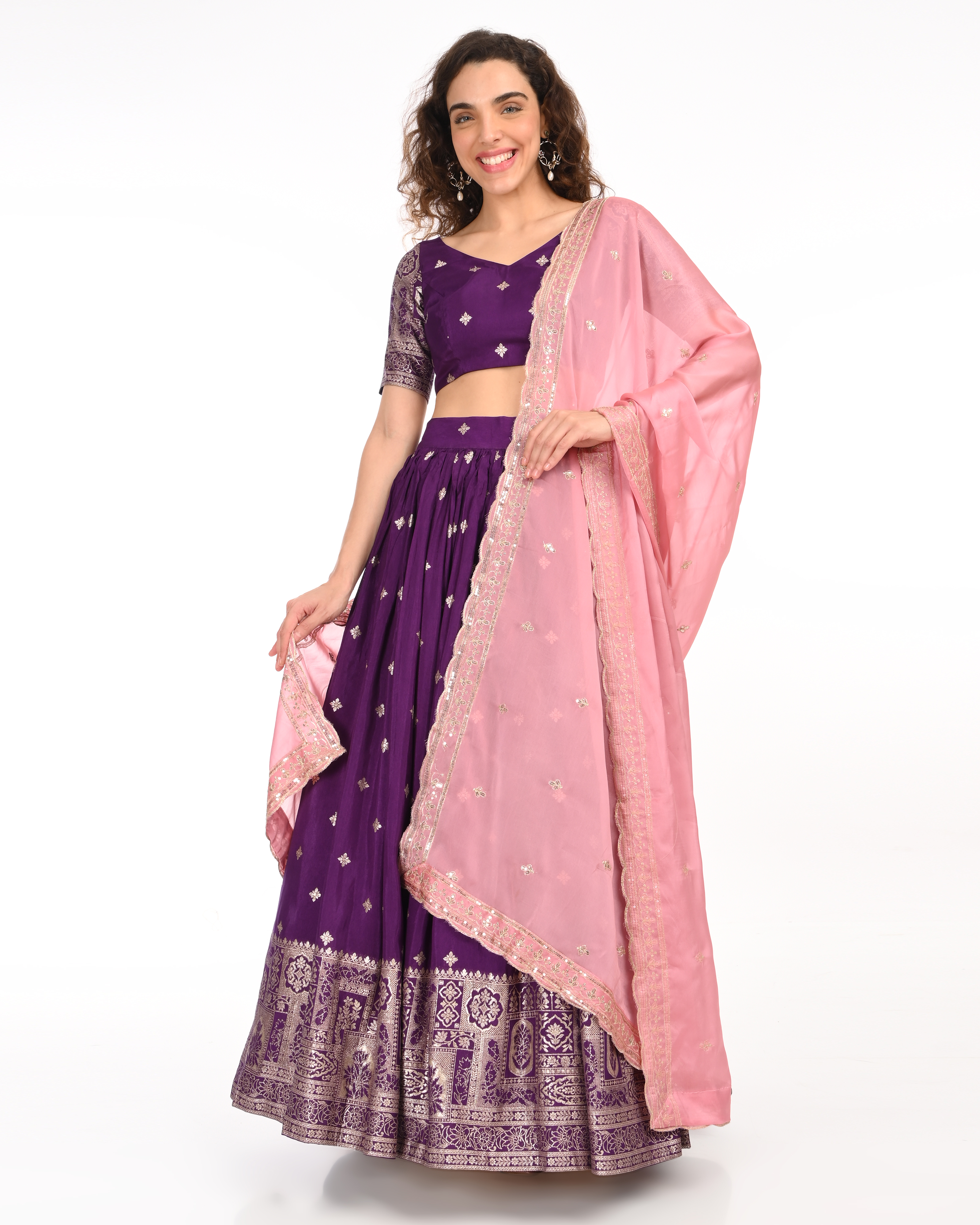 Purple Banarasi Brocade Lehenga Blouse Set with Embroidered Dupatta