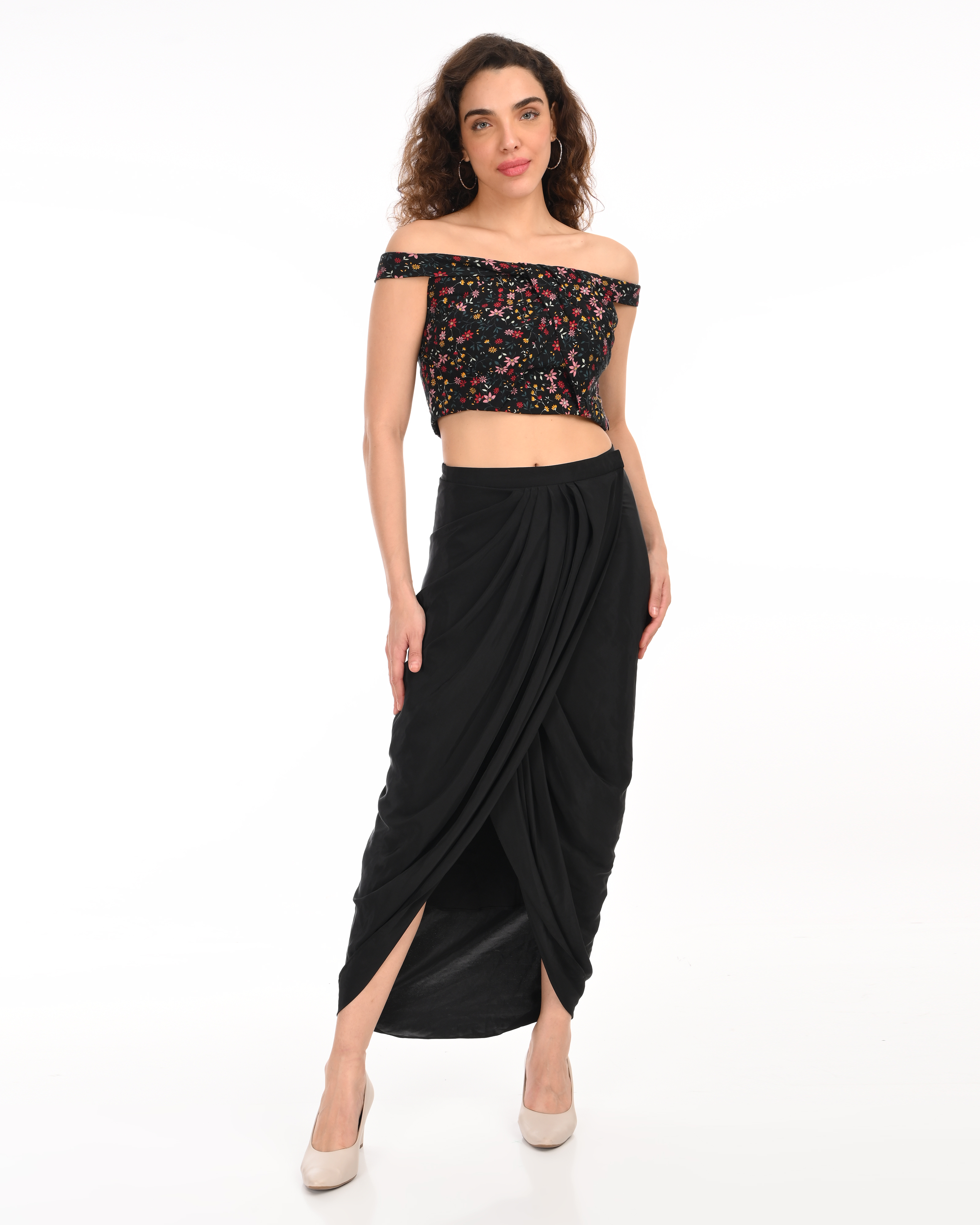 Black Floral Top with Draped Skirt