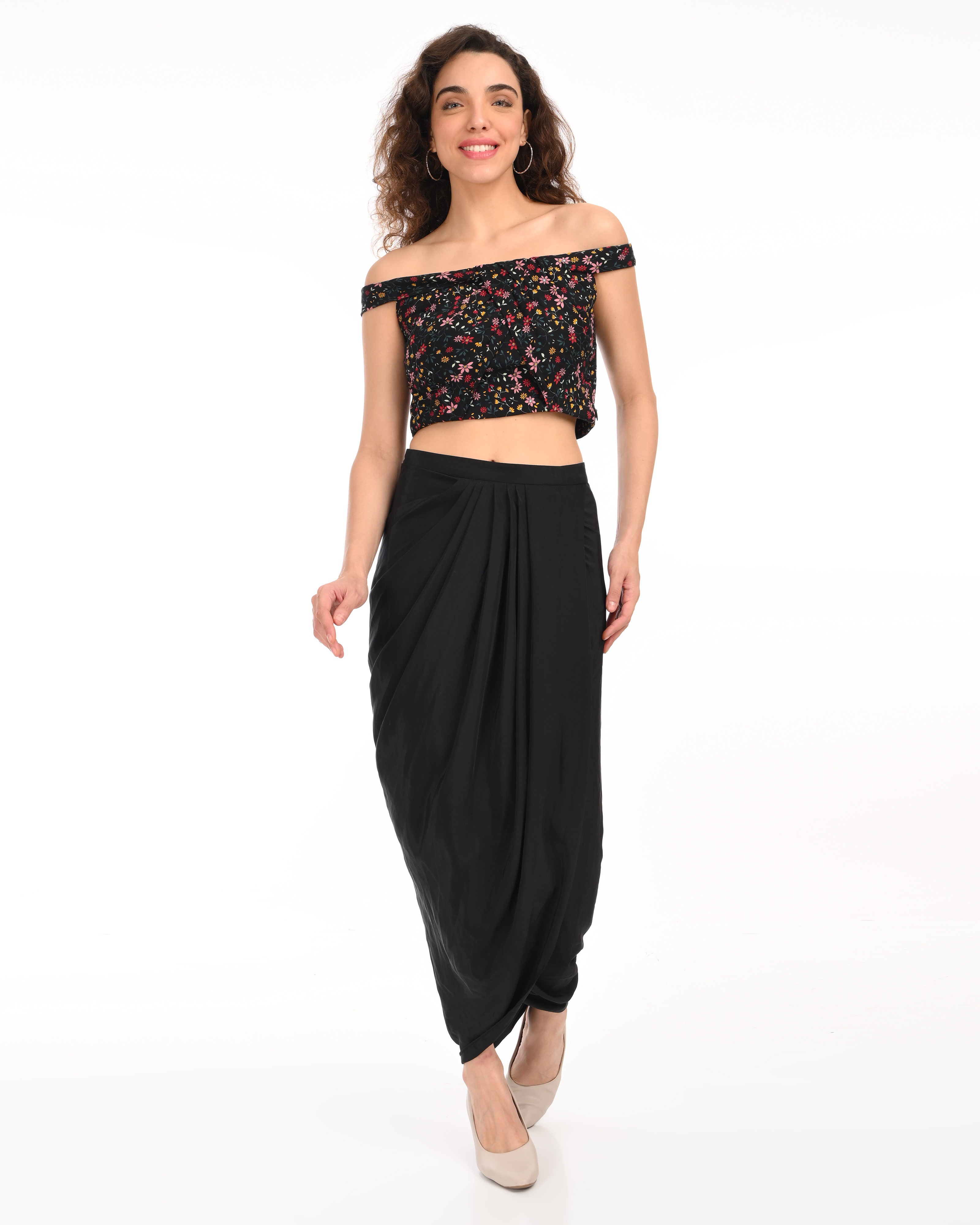 Black Floral Top with Draped Skirt