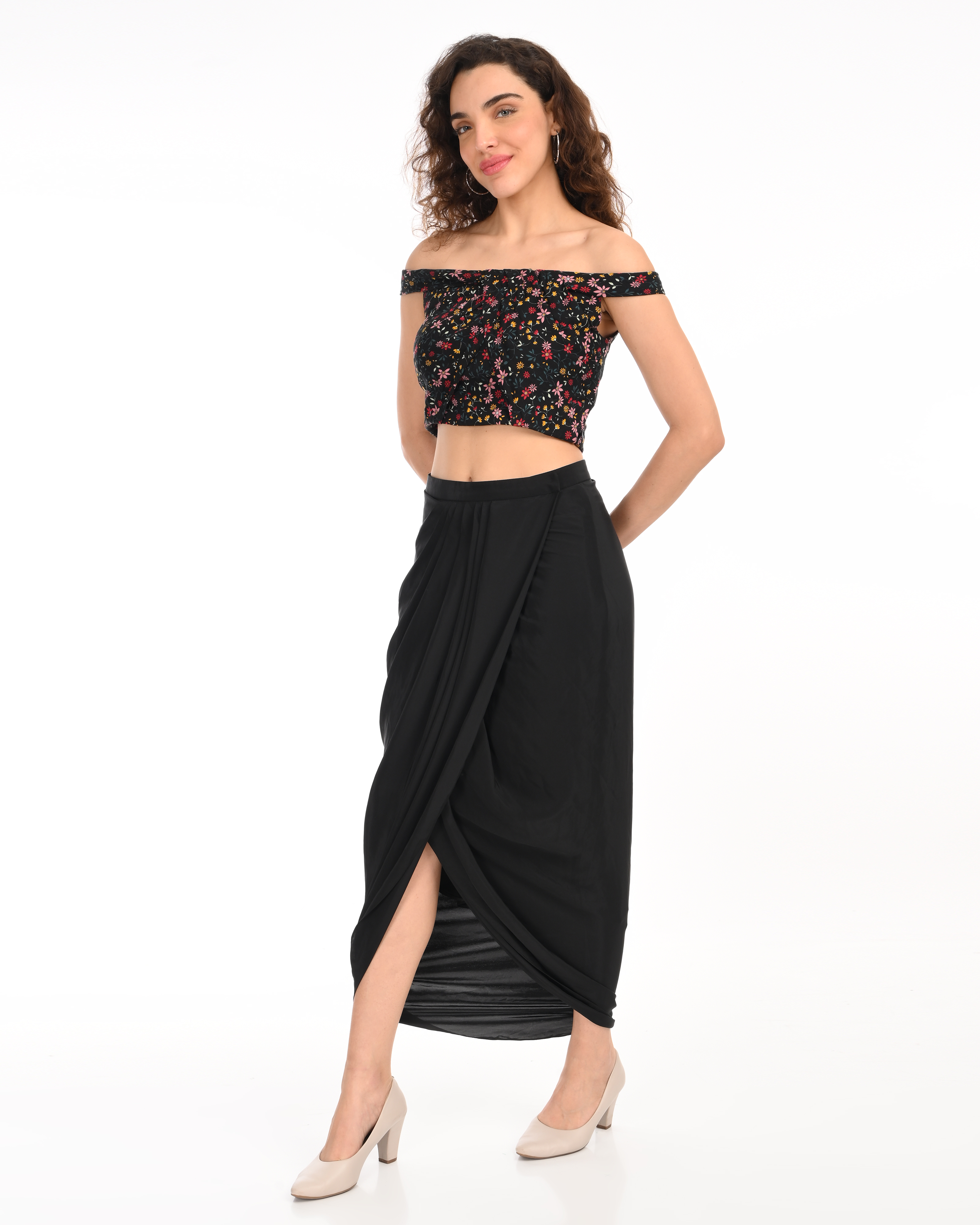 Black Floral Top with Draped Skirt