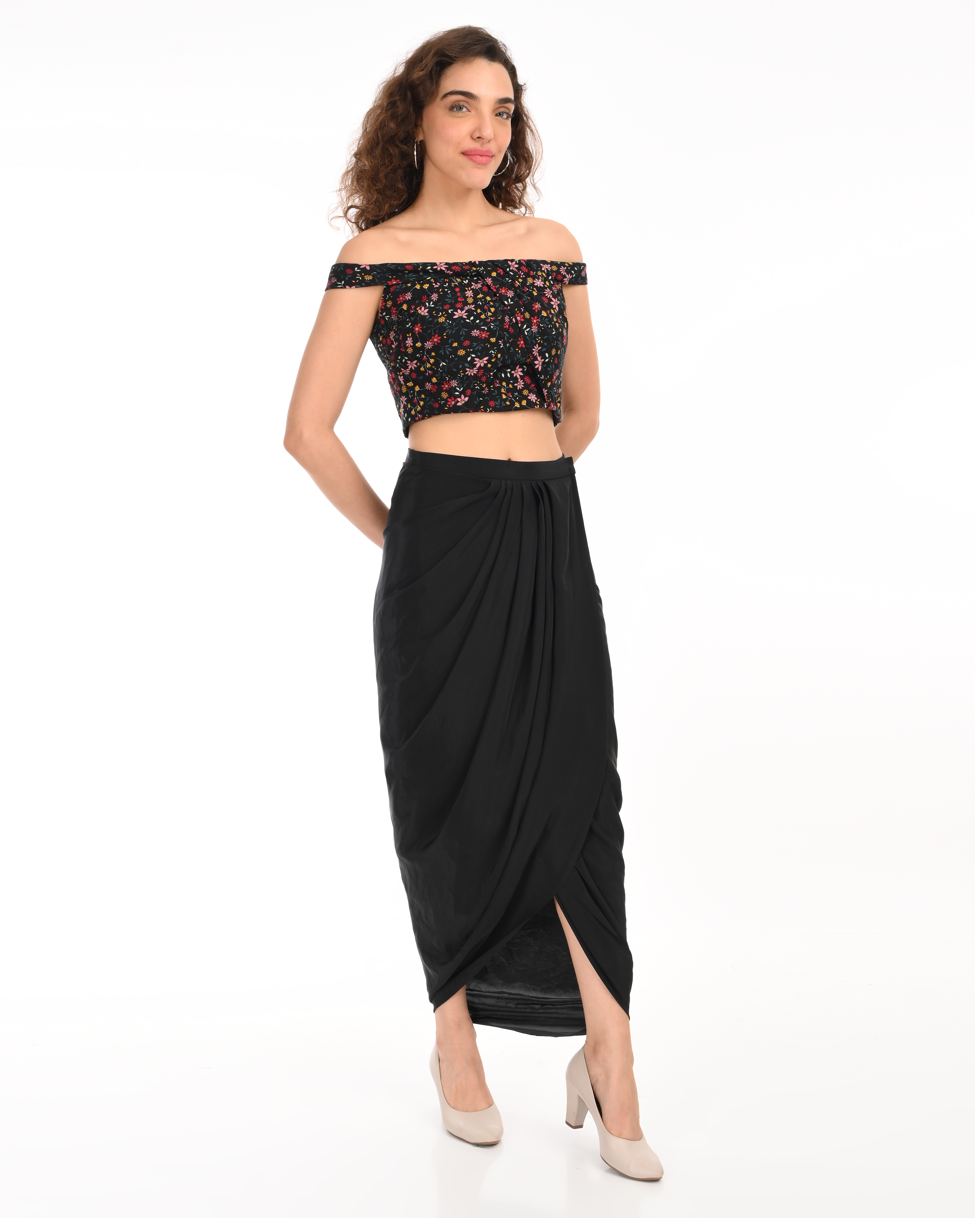 Black Floral Top with Draped Skirt