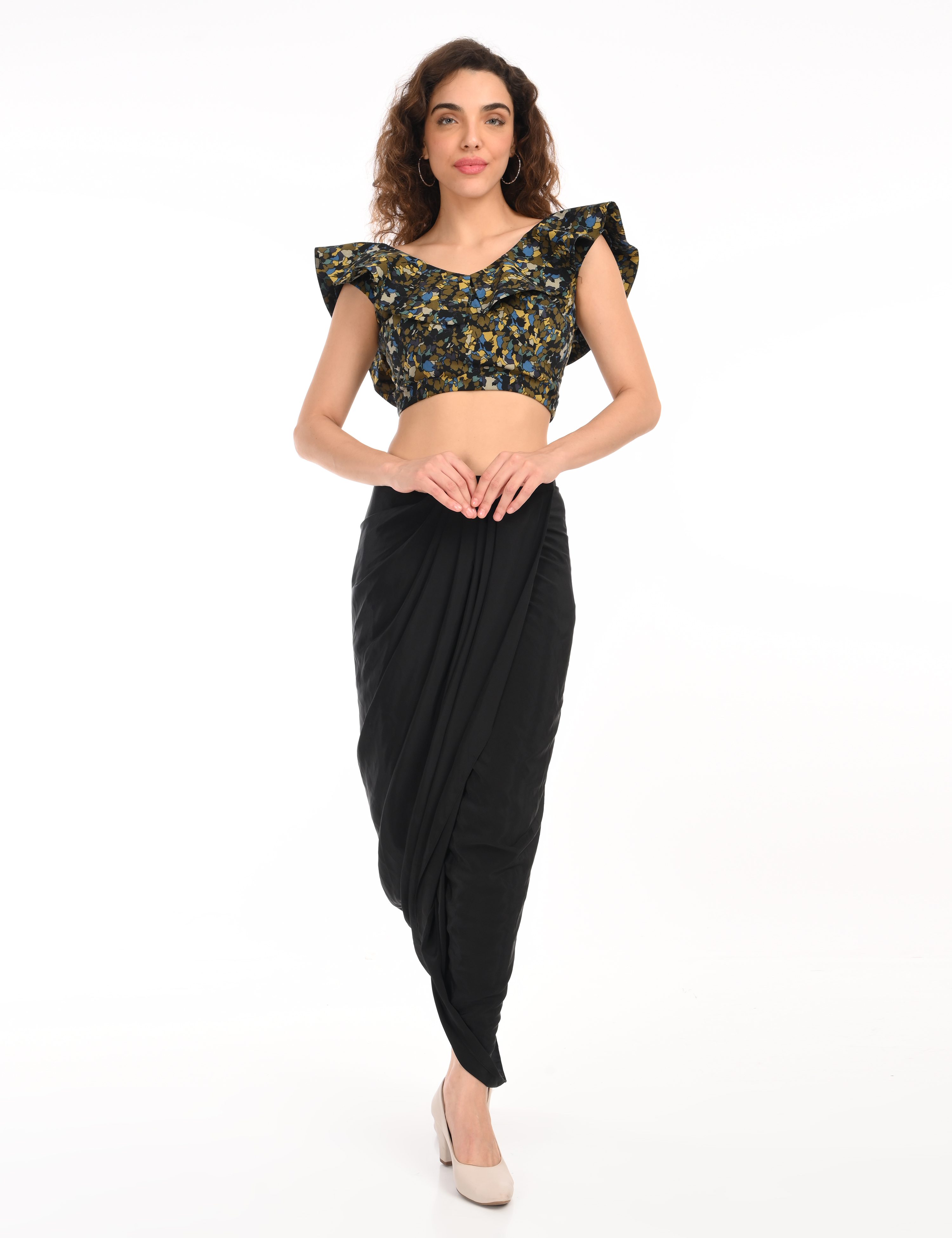 Black Abstract Top with Draped Skirt