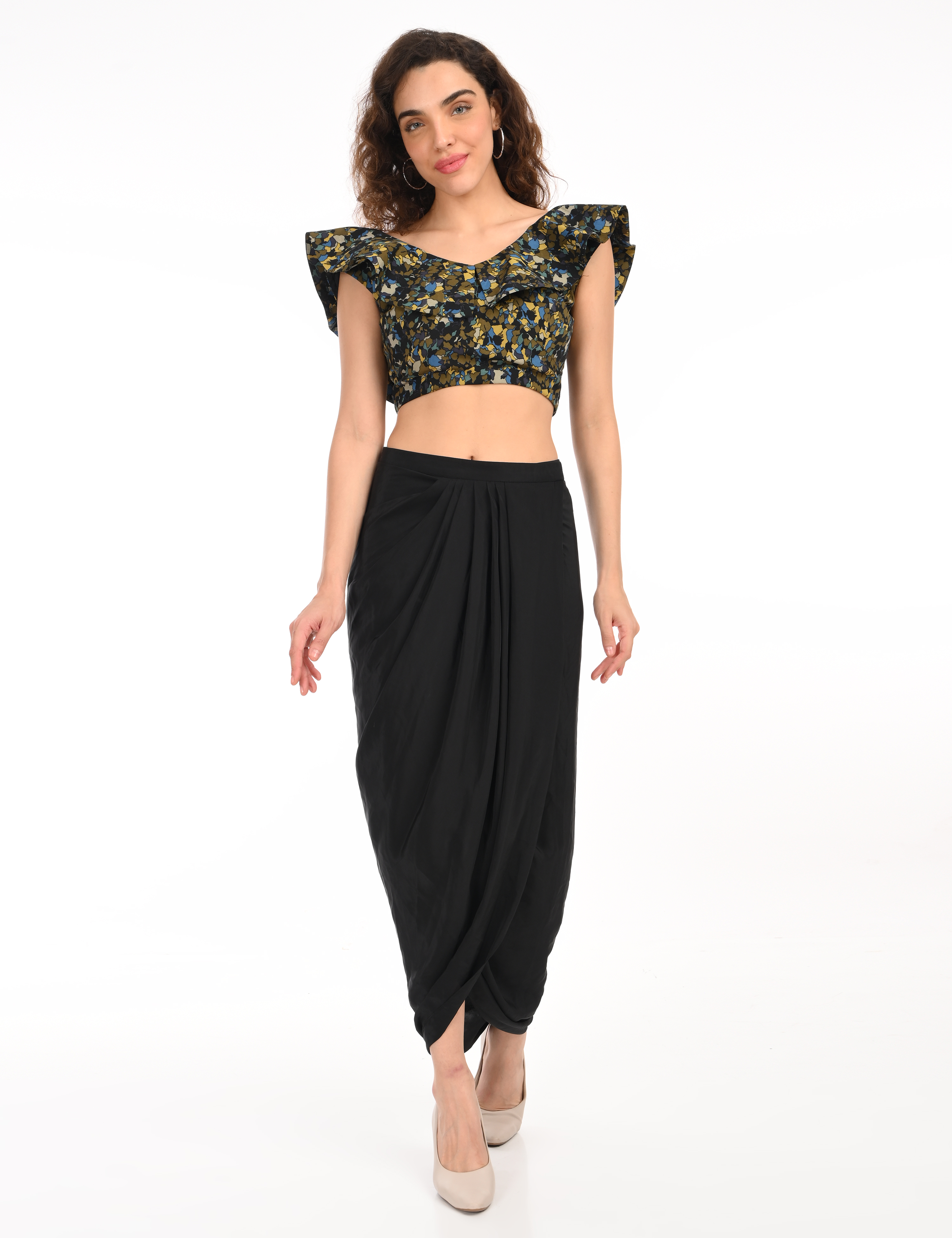 Black Abstract Top with Draped Skirt