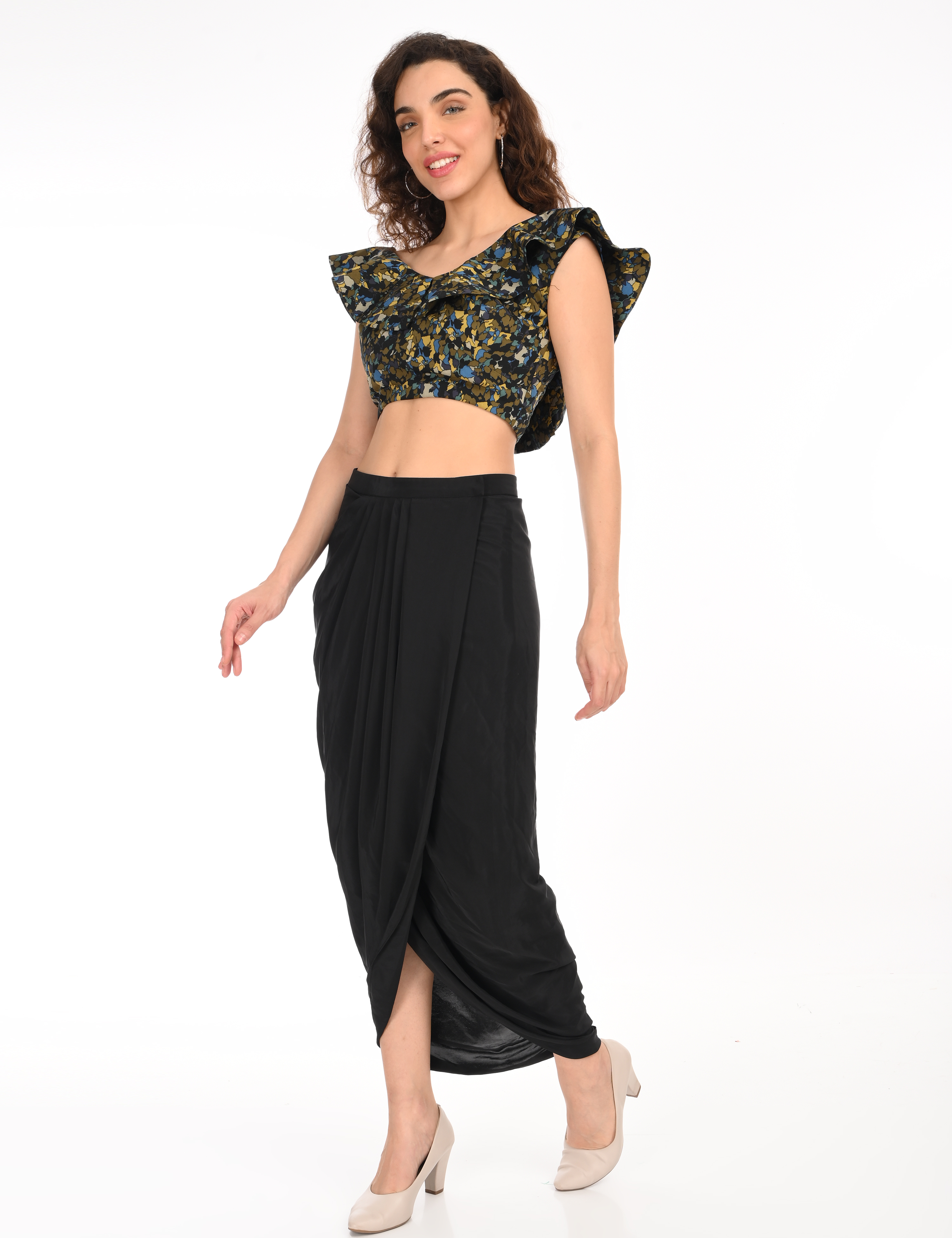 Black Abstract Top with Draped Skirt