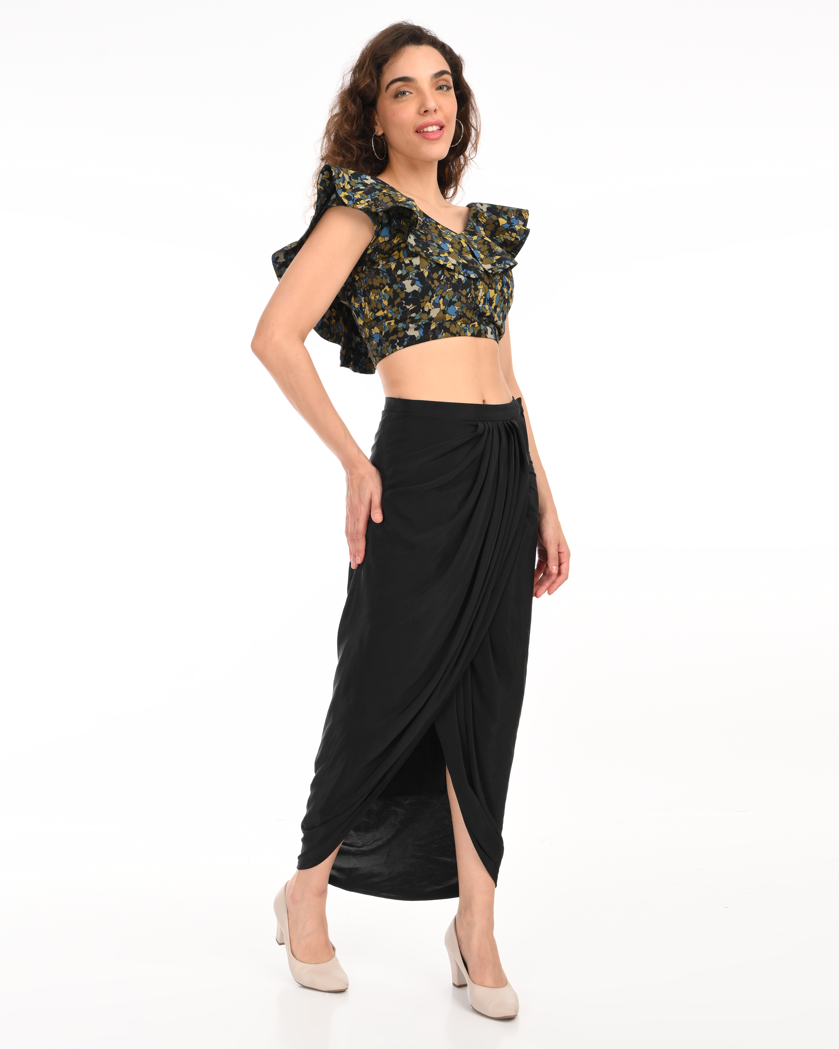 Black Abstract Top with Draped Skirt