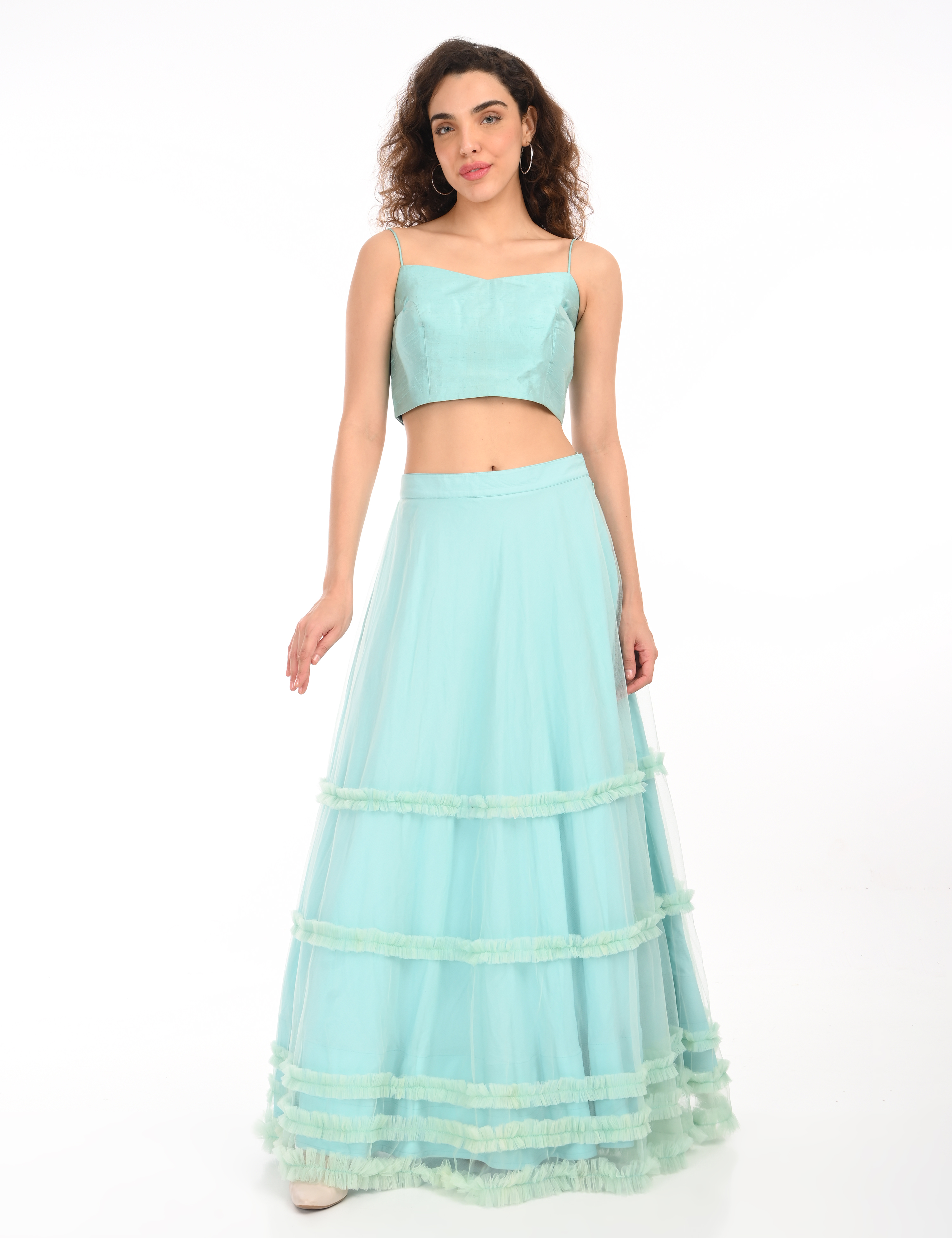 Aqua Blue Crop Top and Flared Skirt