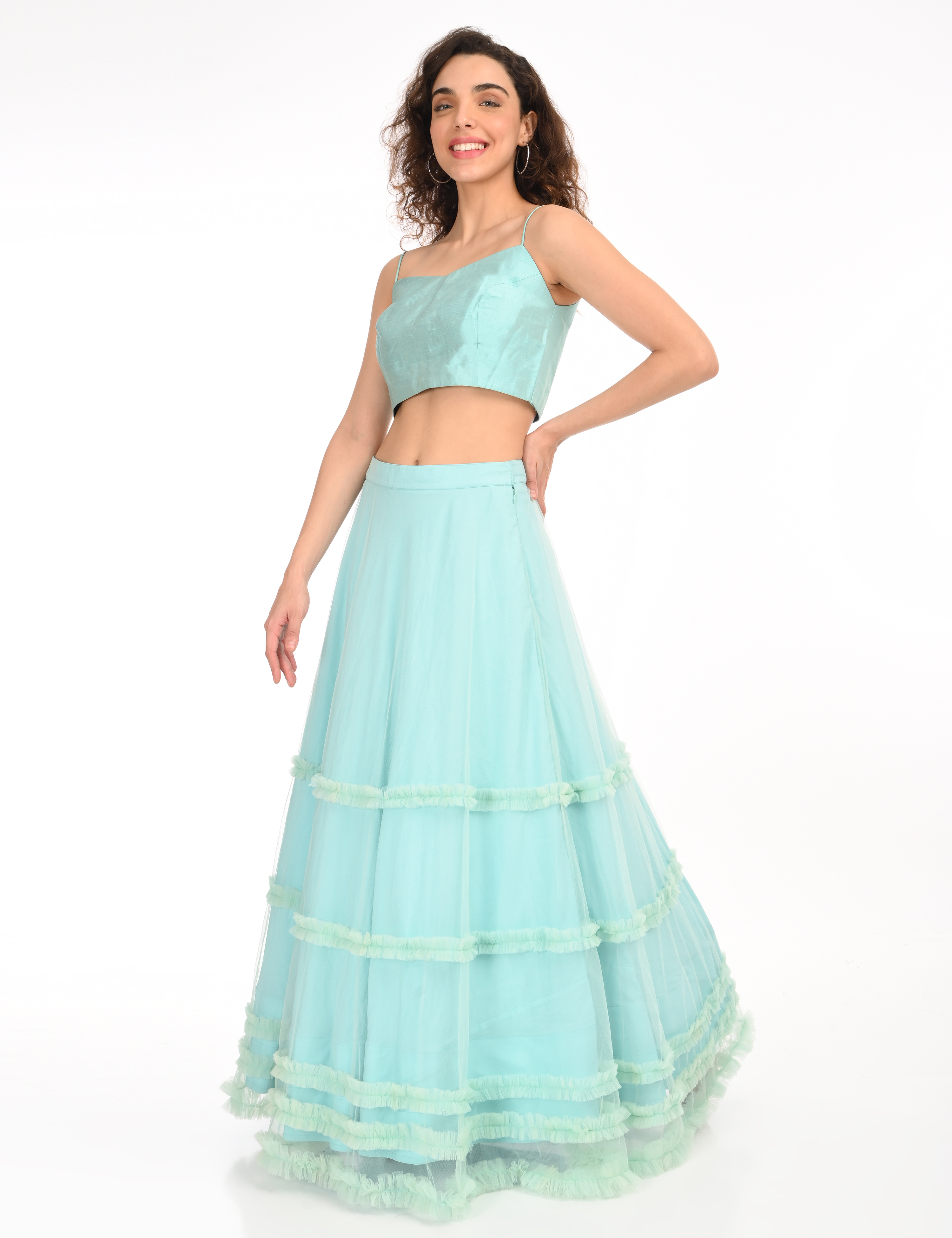 Aqua Blue Crop Top and Flared Skirt