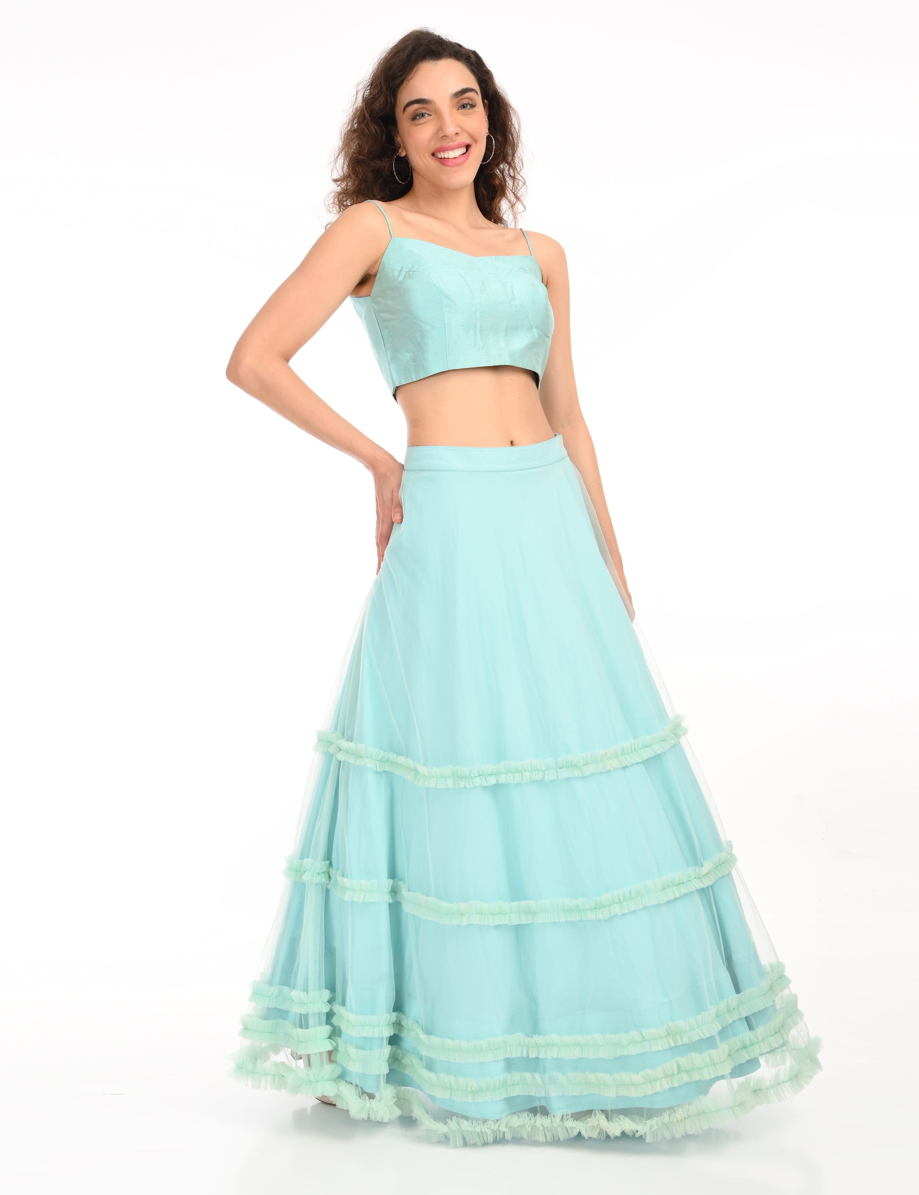 Aqua Blue Crop Top and Flared Skirt