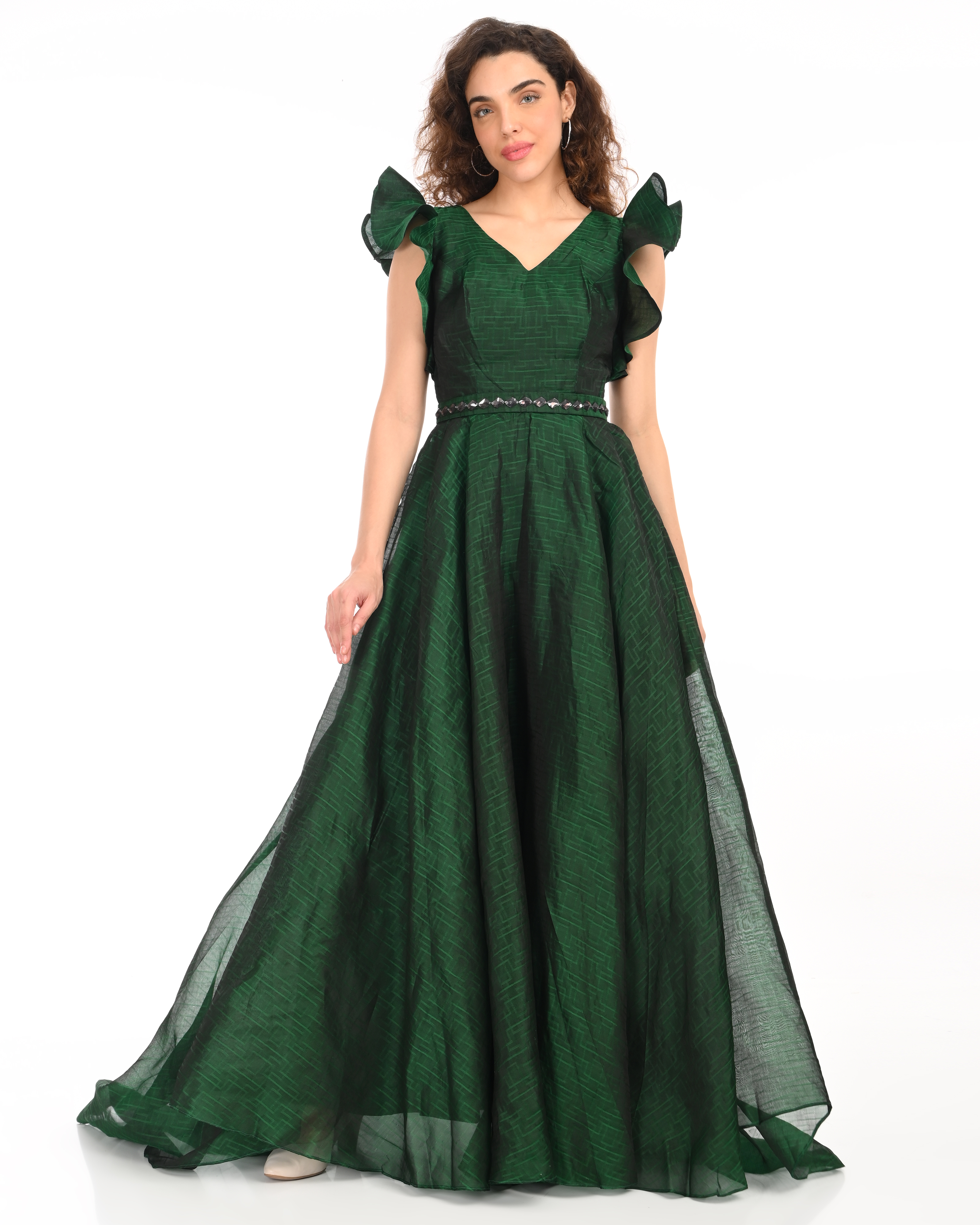 Bottle Green Full Length Gown with back tail