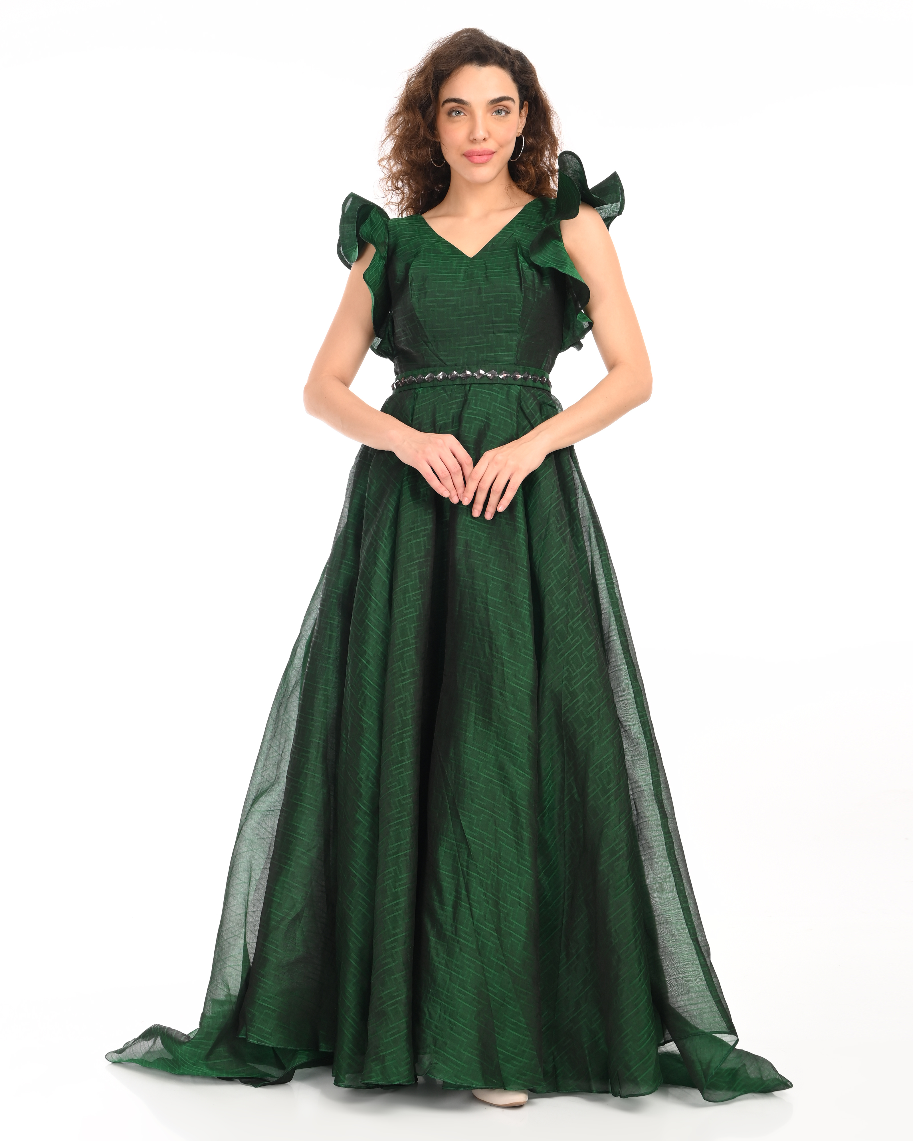 Bottle Green Full Length Gown with back tail