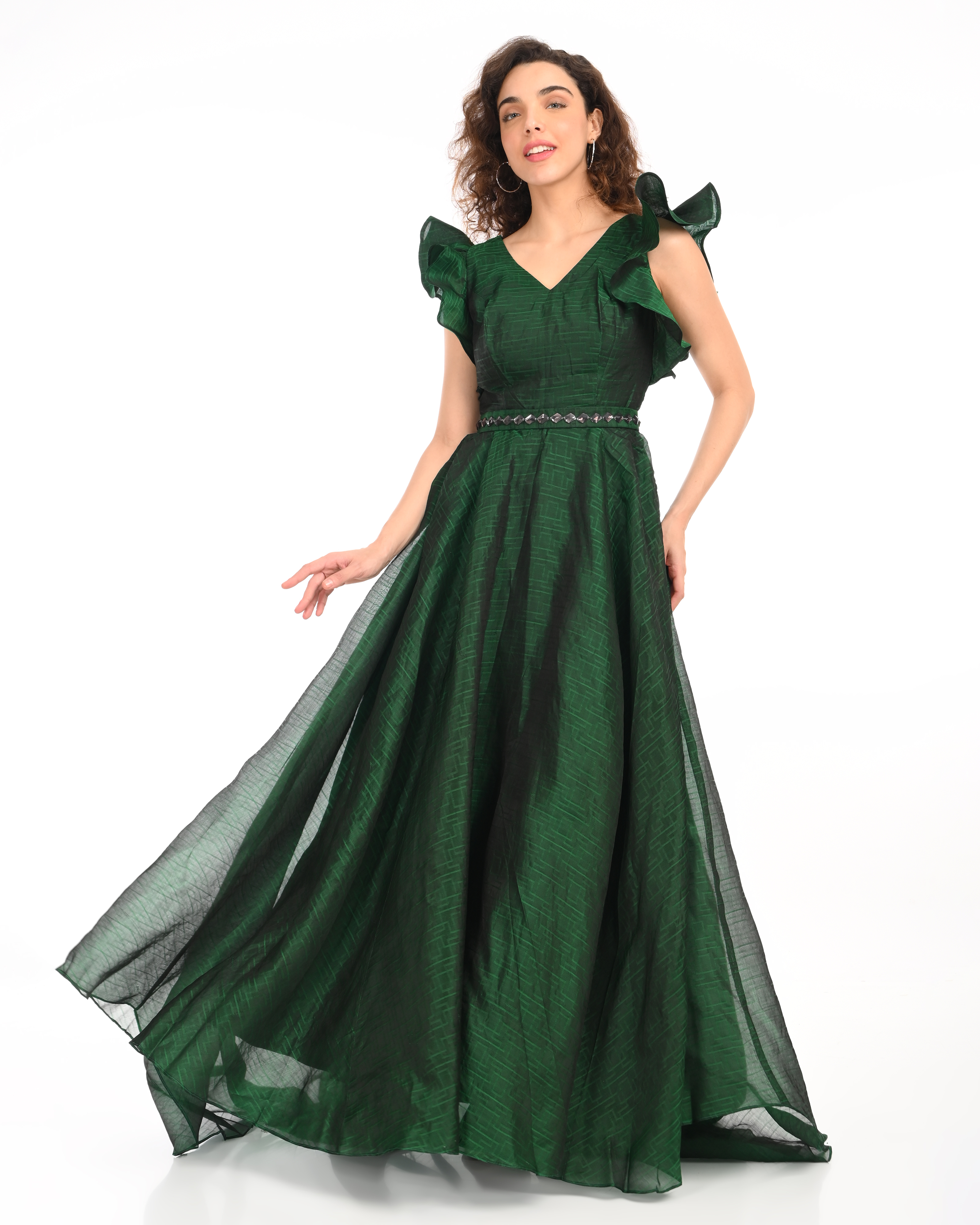 Bottle Green Full Length Gown with back tail