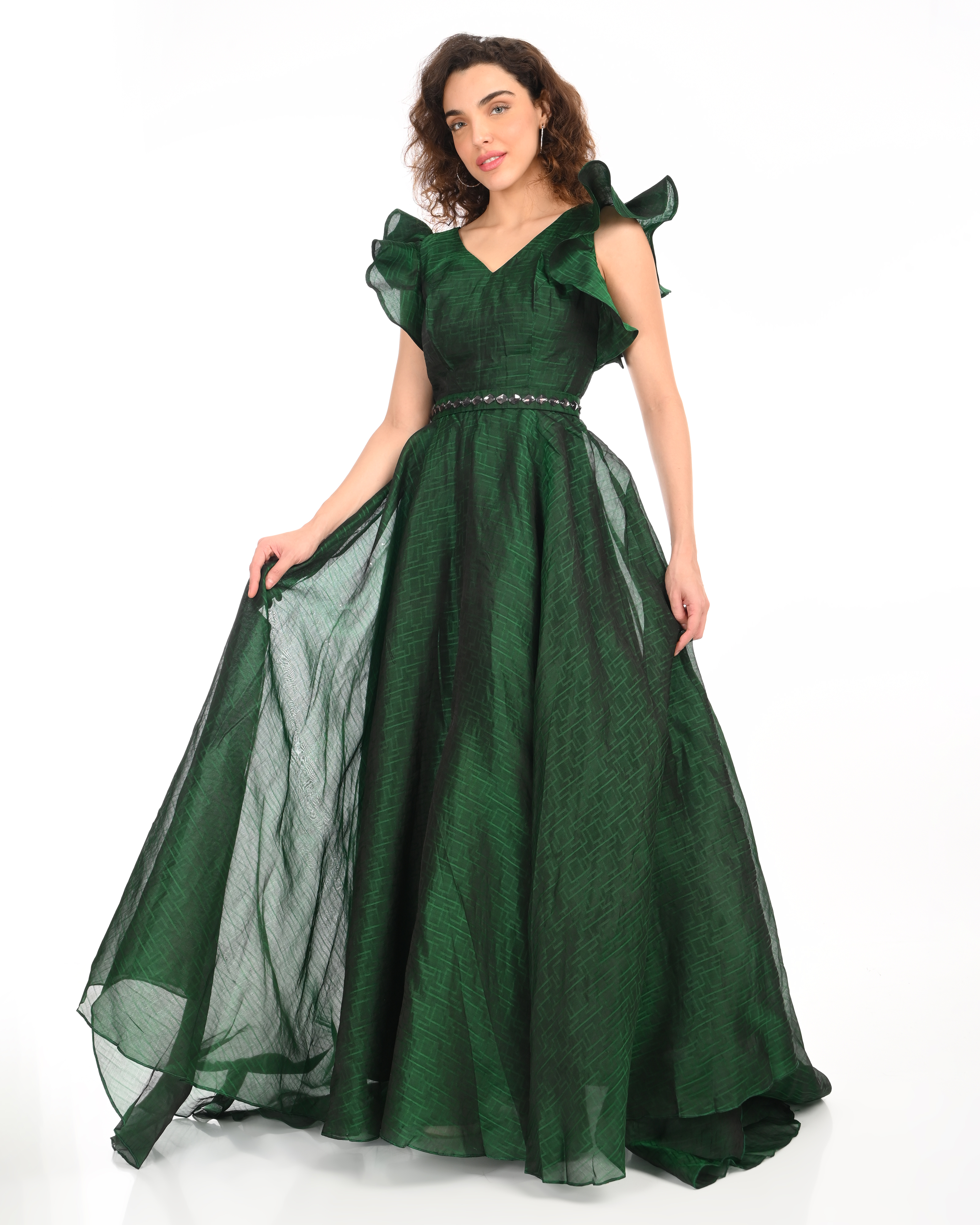 Bottle Green Full Length Gown with back tail