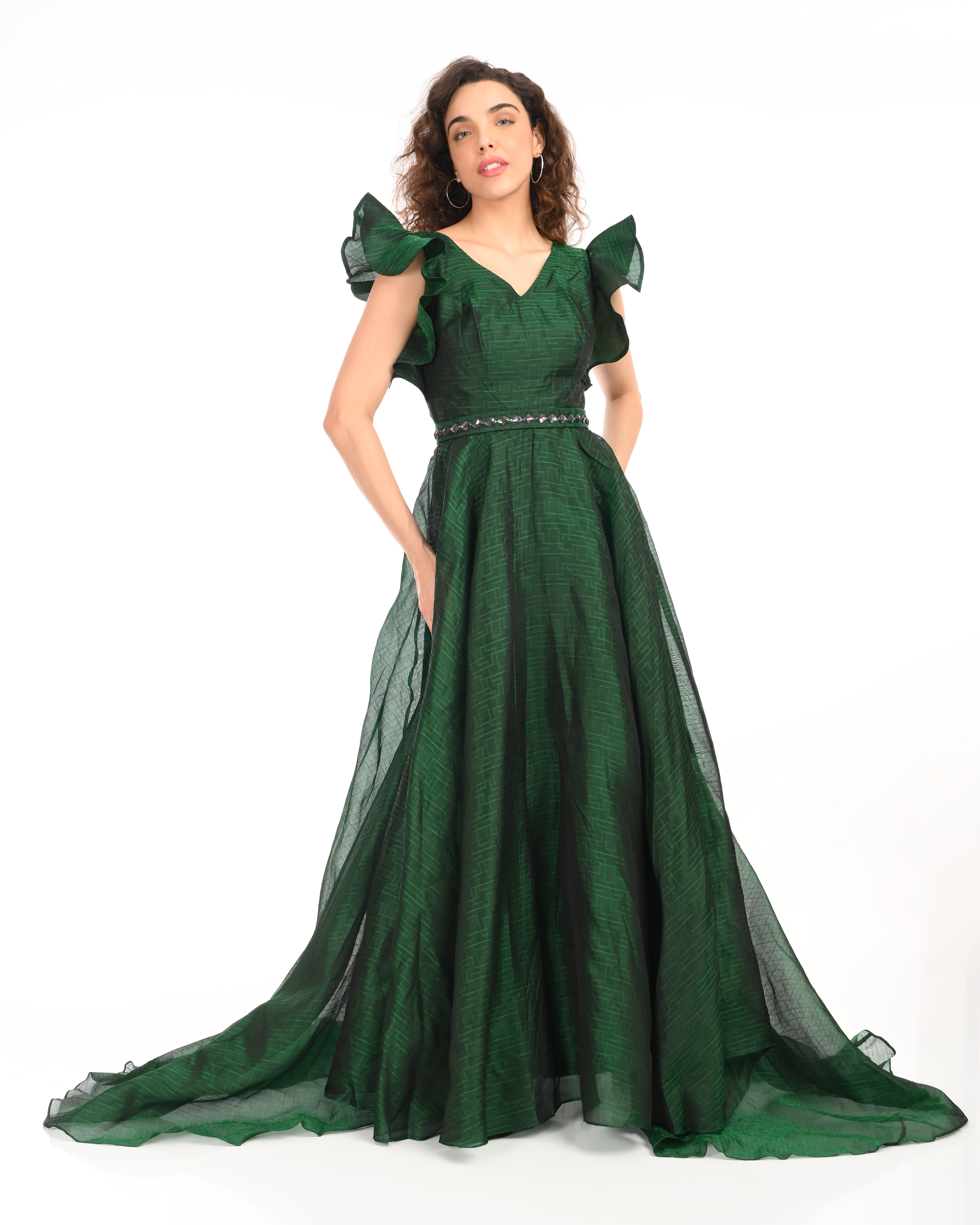 Bottle Green Full Length Gown with back tail