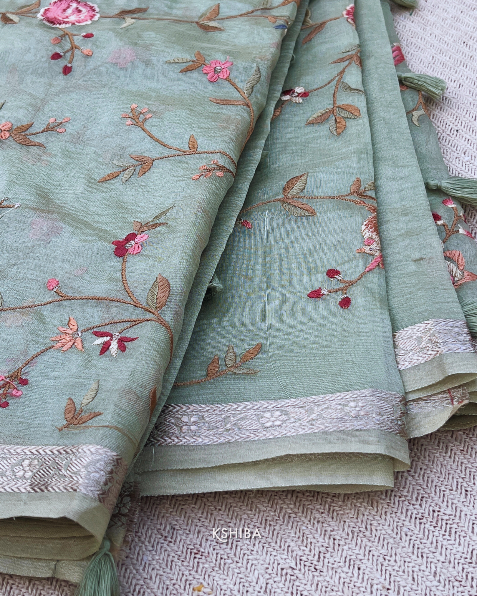 Mint Green Embroidered Crush Tissue Saree