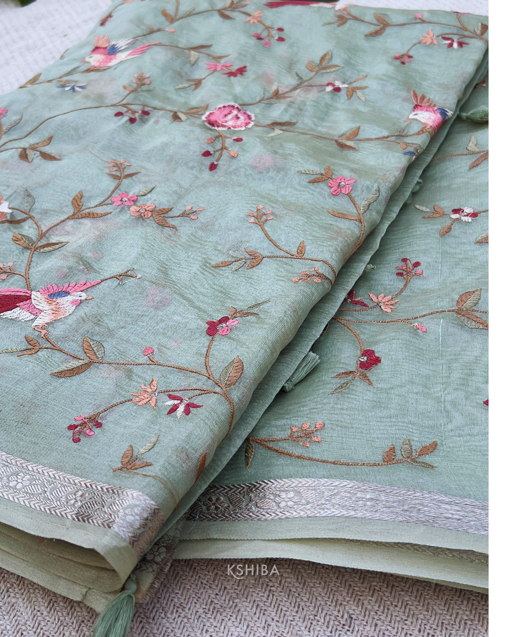 Mint Green Embroidered Crush Tissue Saree