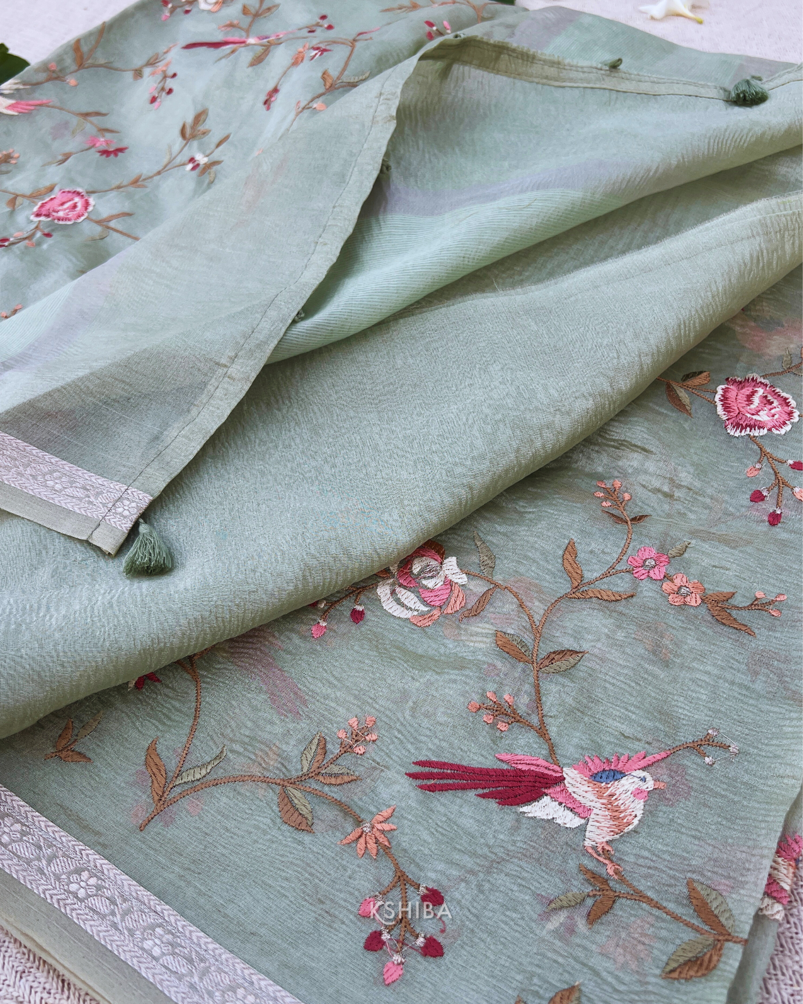 Mint Green Embroidered Crush Tissue Saree