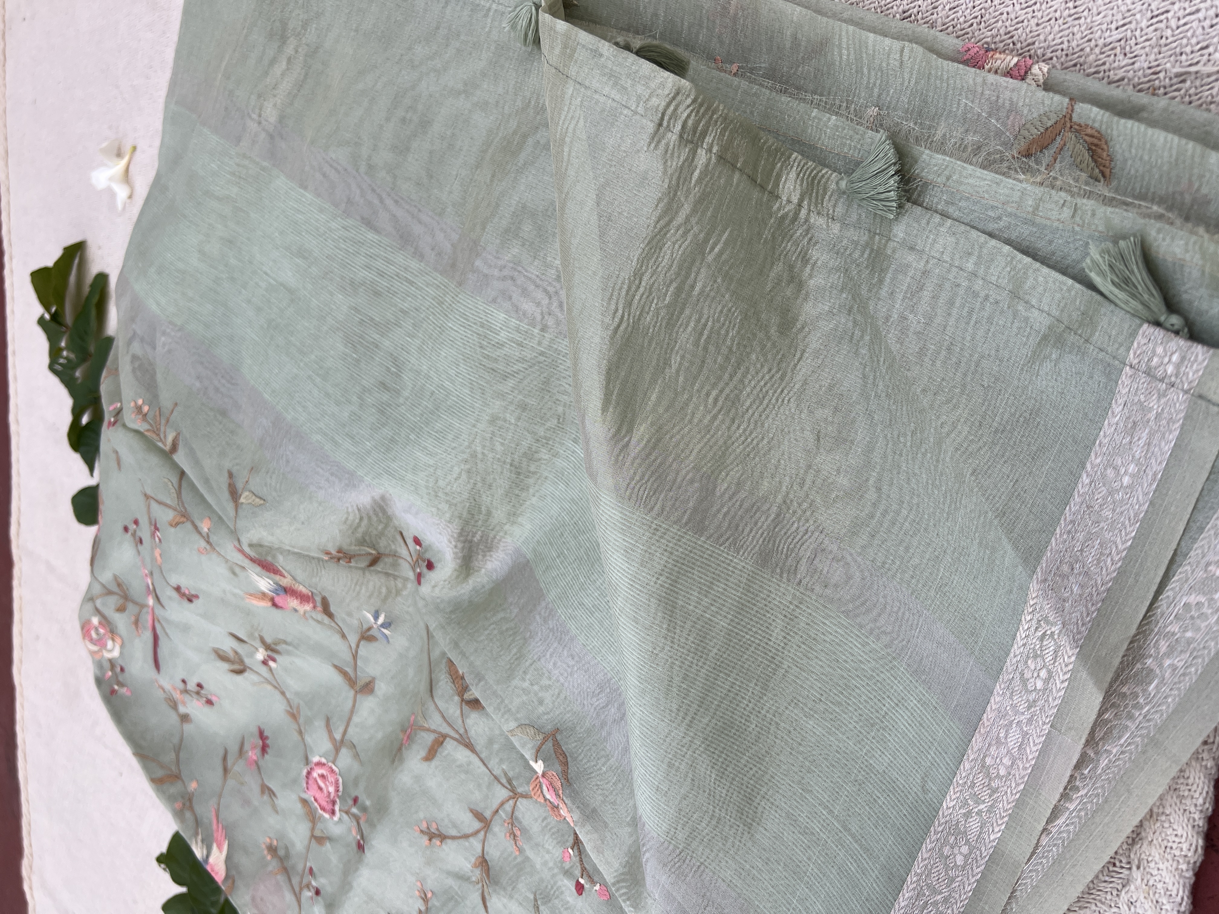 Mint Green Embroidered Crush Tissue Saree