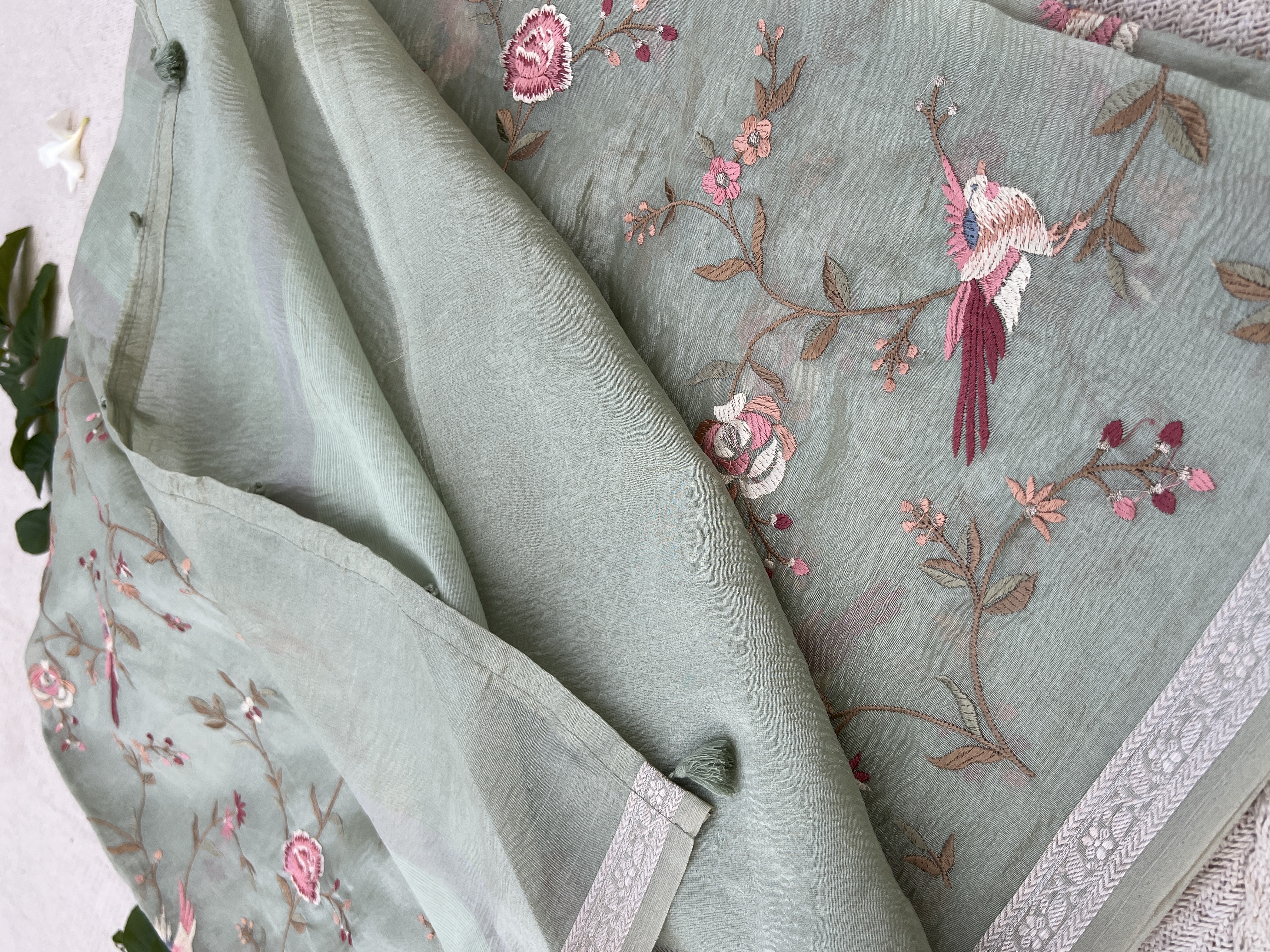 Mint Green Embroidered Crush Tissue Saree